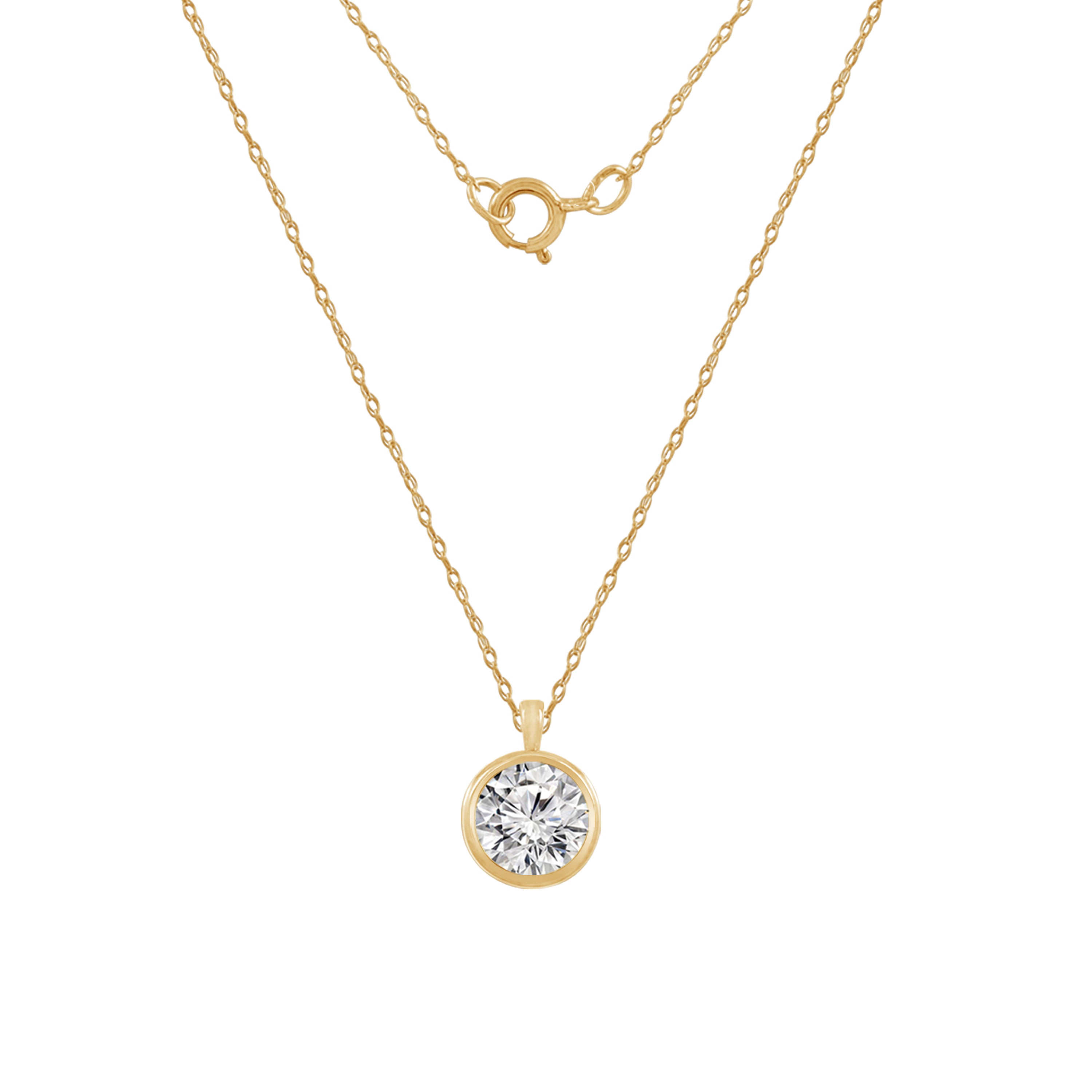 10K or 14K Gold Bezel Round Solitaire Necklace, 0.5 to 3 carat