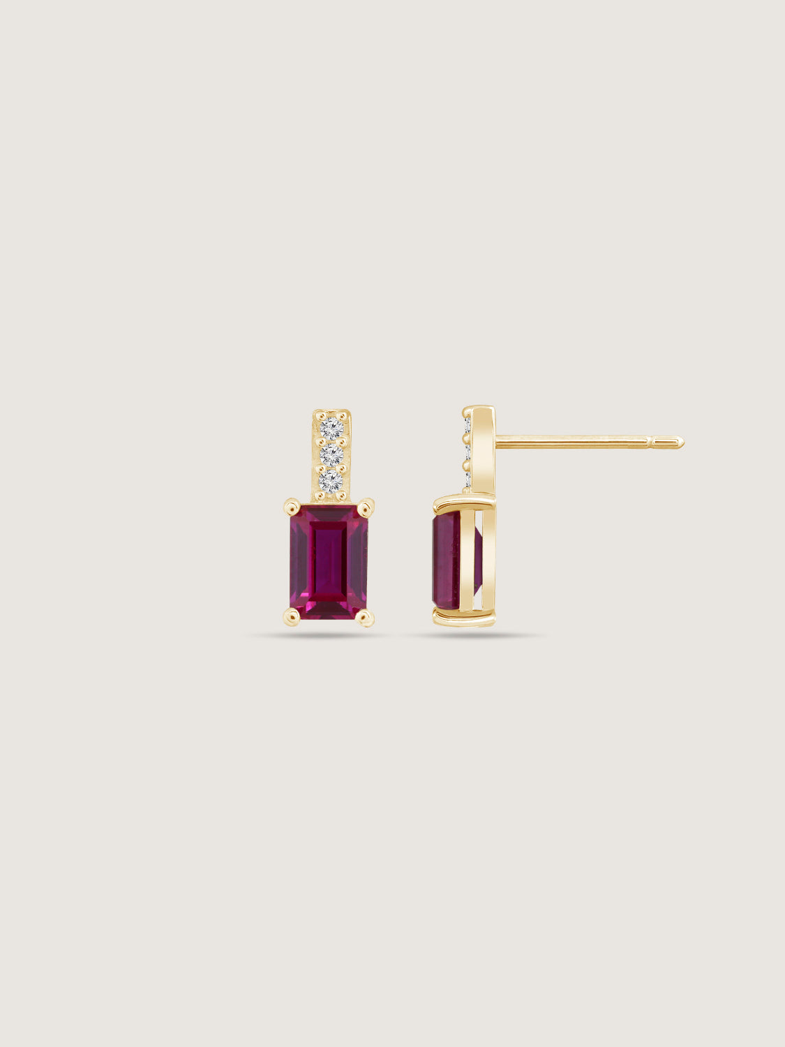 Emerald Cut Created Ruby With Lab Grown Diamond Accent Vertical Bar Drop Earrings
