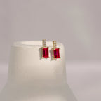 Emerald Cut Ruby With Lab Grown Diamond Vertical Bar Drop Earrings