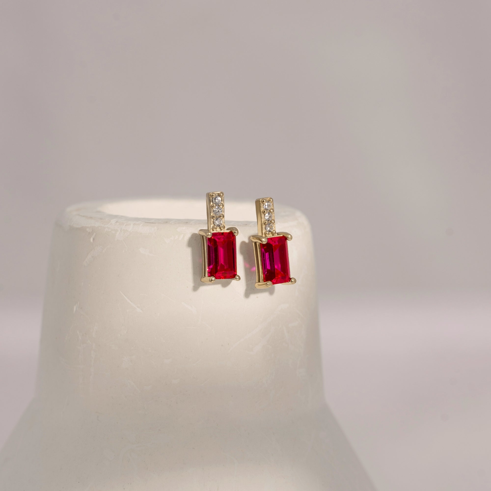 Emerald Cut Ruby With Lab Grown Diamond Vertical Bar Drop Earrings