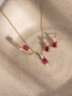 Emerald Cut Created Ruby With Lab Grown Diamond Accent Vertical Bar Pendant Necklace
