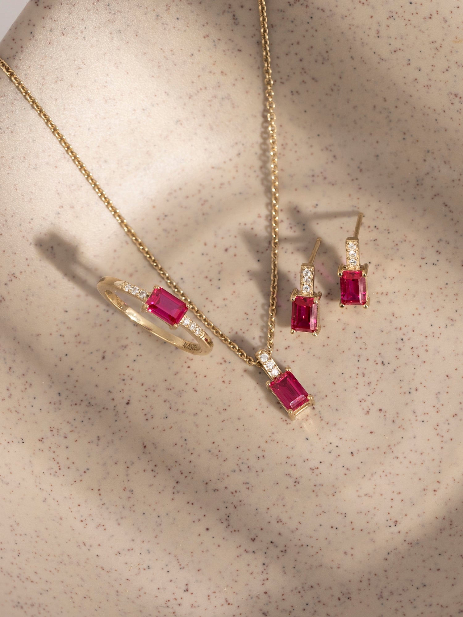 Emerald Cut Created Ruby With Lab Grown Diamond Accent Vertical Bar Drop Earrings