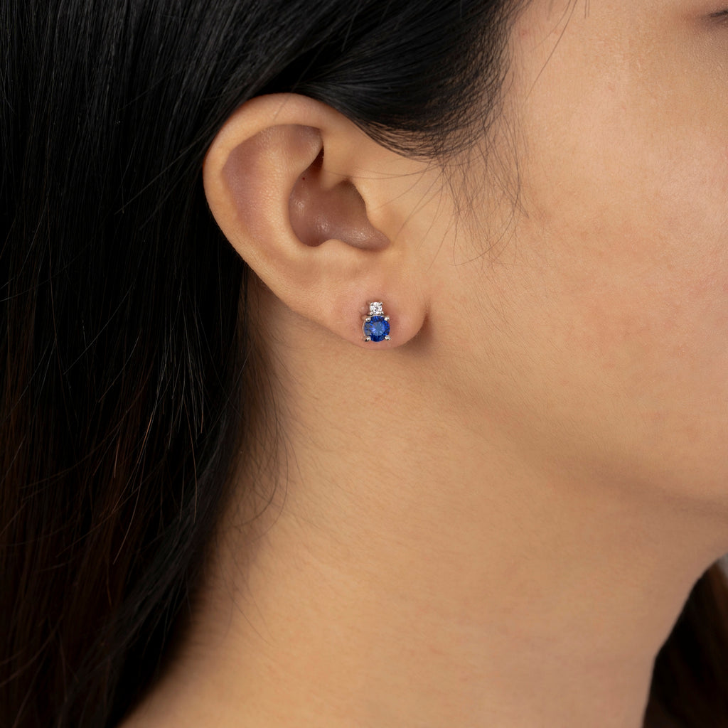 Sapphire Round With Lab Grown Diamond Accent Two Stones Stud Earrings