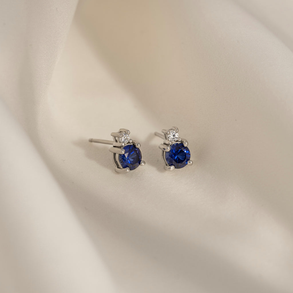 Sapphire Round With Lab Grown Diamond Accent Two Stones Stud Earrings