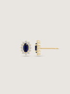 Oval Cut Created Sapphire With Lab Grown Diamond Accent Halo Stud Earrings