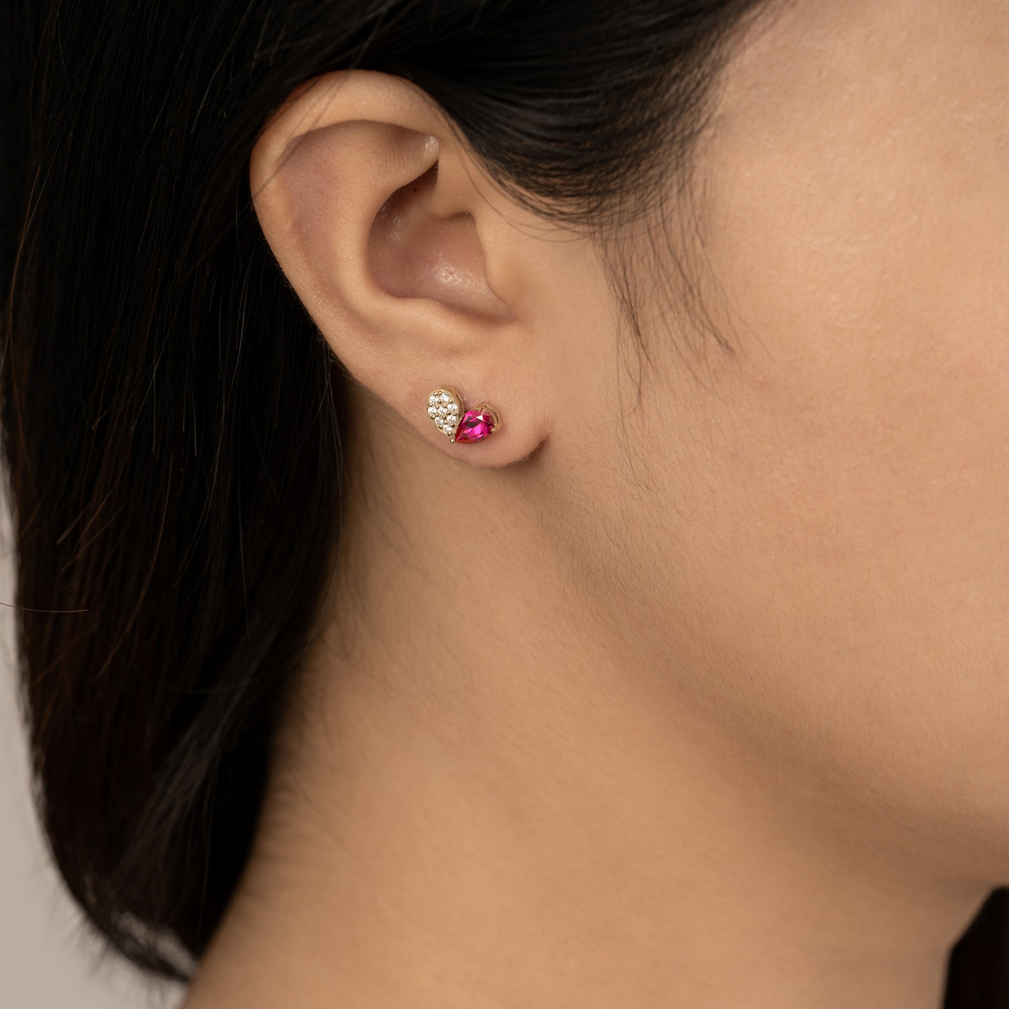 Ruby Pear With Lab Grown Diamond Accent Heart Saphed Stud Earrings