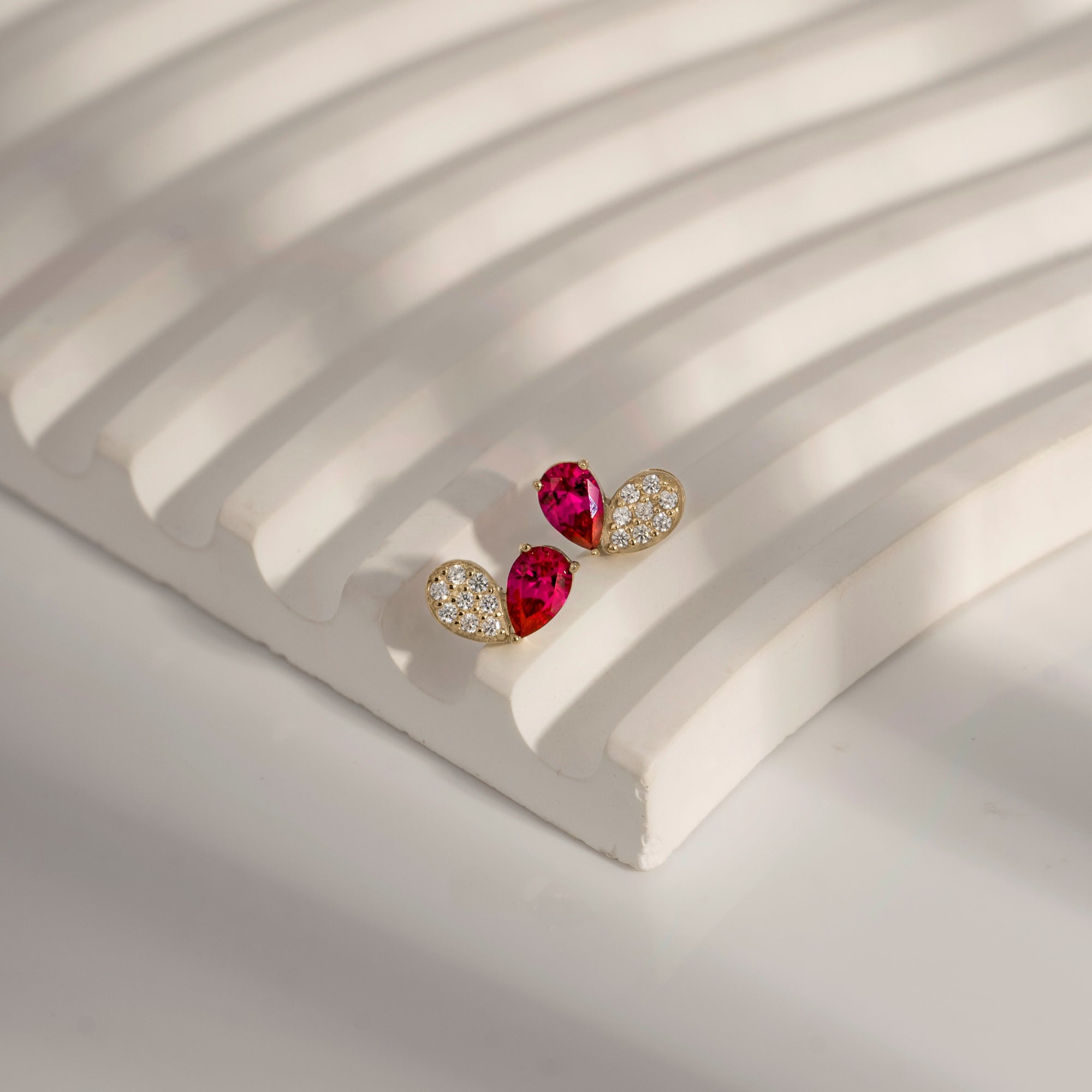 Ruby Pear With Lab Grown Diamond Accent Heart Saphed Stud Earrings