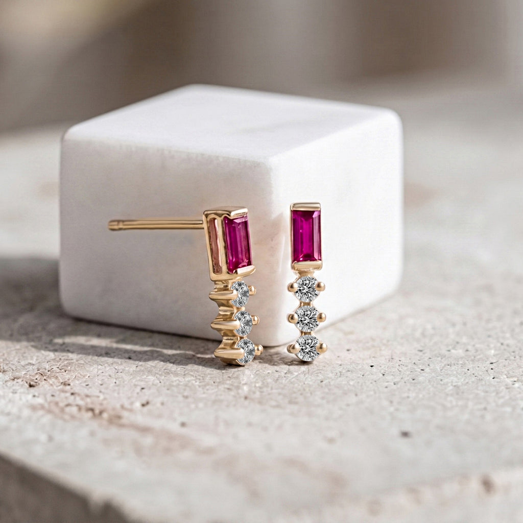 Ruby Baguette With Round Lab Grown Diamond Bar Stud Earrings
