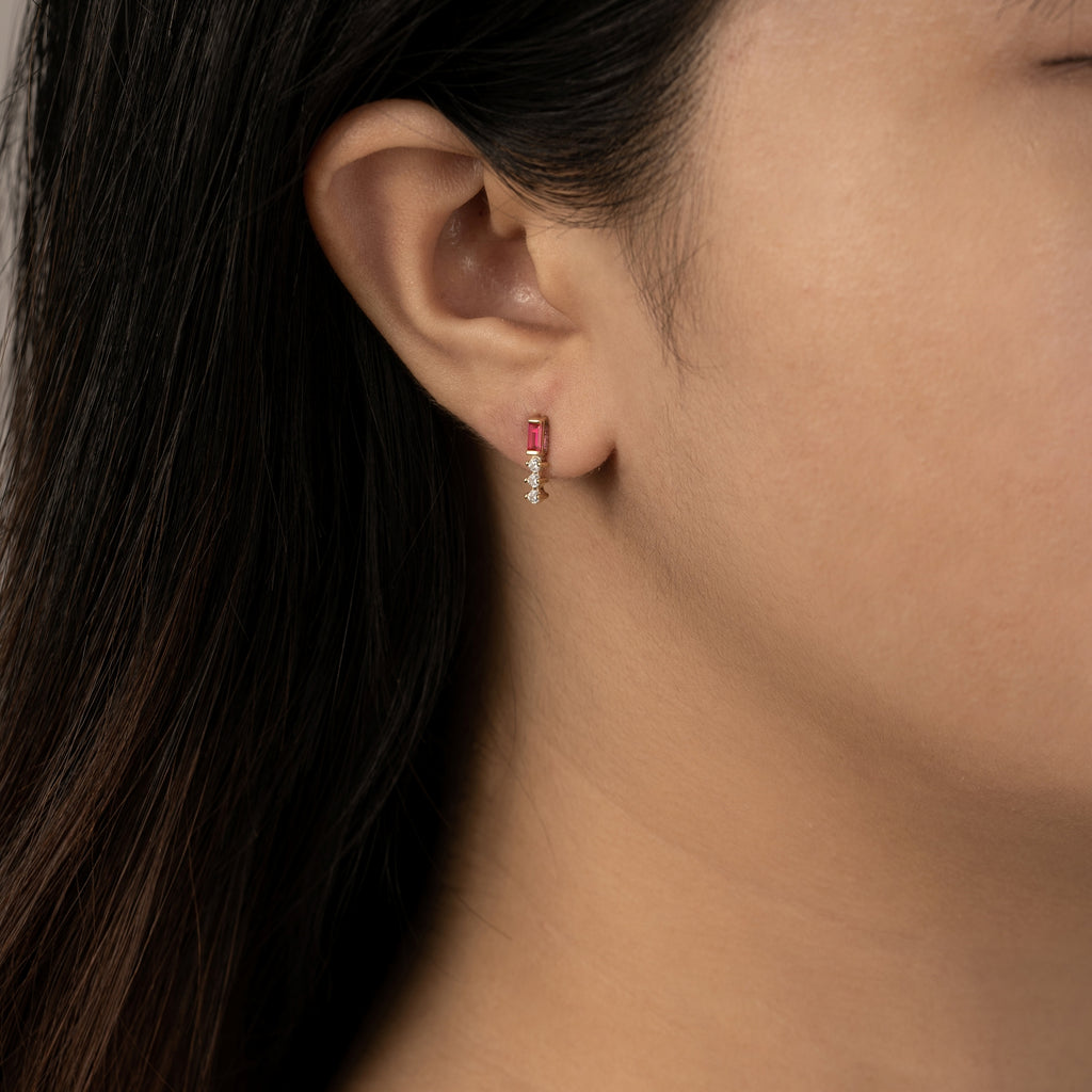 Ruby Baguette With Round Lab Grown Diamond Bar Stud Earrings