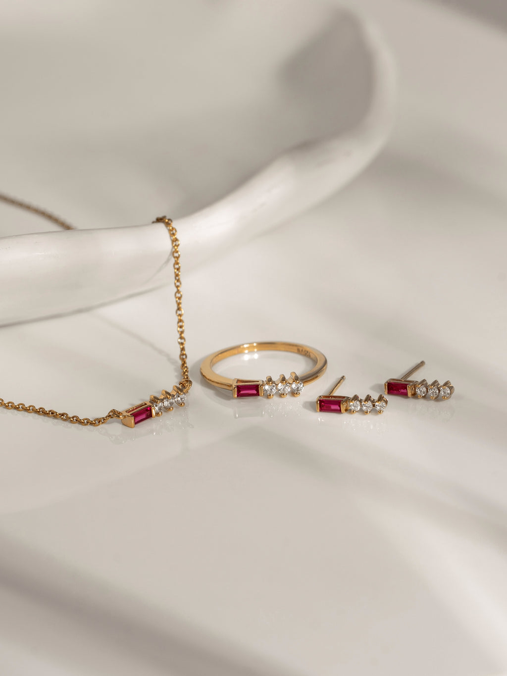 Baguette Cut Created Ruby With Round Lab Grown Diamond Accent Bar Stud Earrings