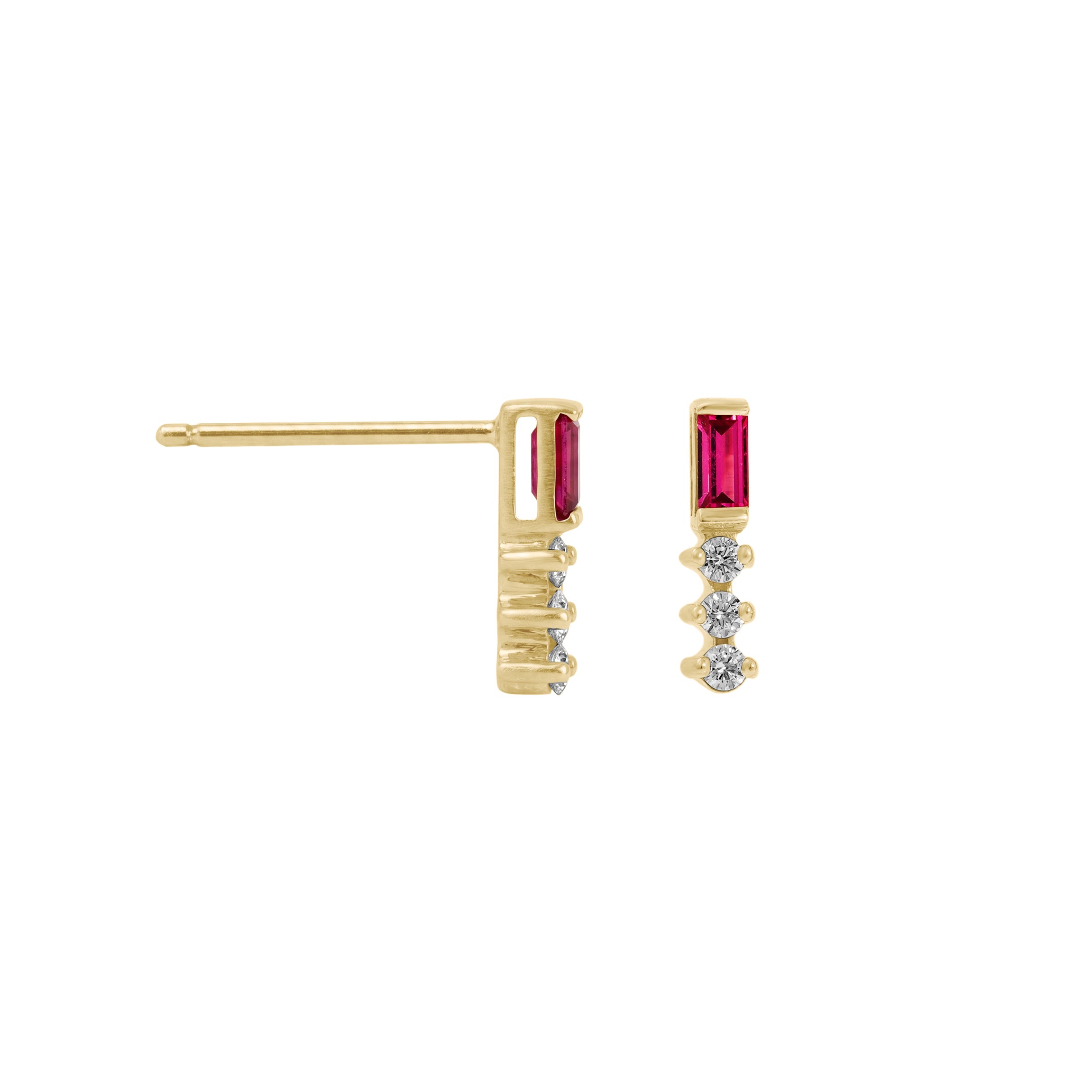 Ruby Baguette With Round Lab Grown Diamond Bar Stud Earrings