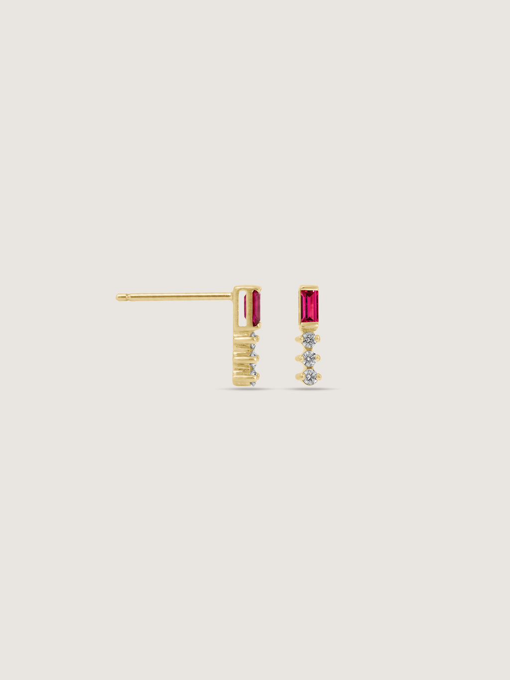 Baguette Cut Created Ruby With Round Lab Grown Diamond Accent Bar Stud Earrings