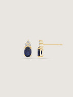 Oval Cut Created Sapphire With Trio Lab Grown Diamond Accent Stud Earrings