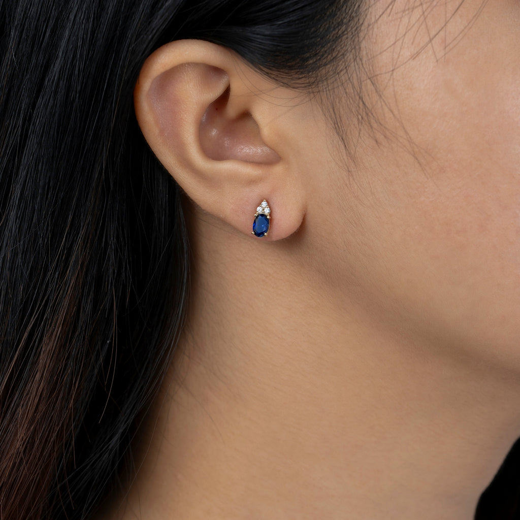 Oval Cut Sapphire With Trio Lab Grown Diamond Stud Earrings