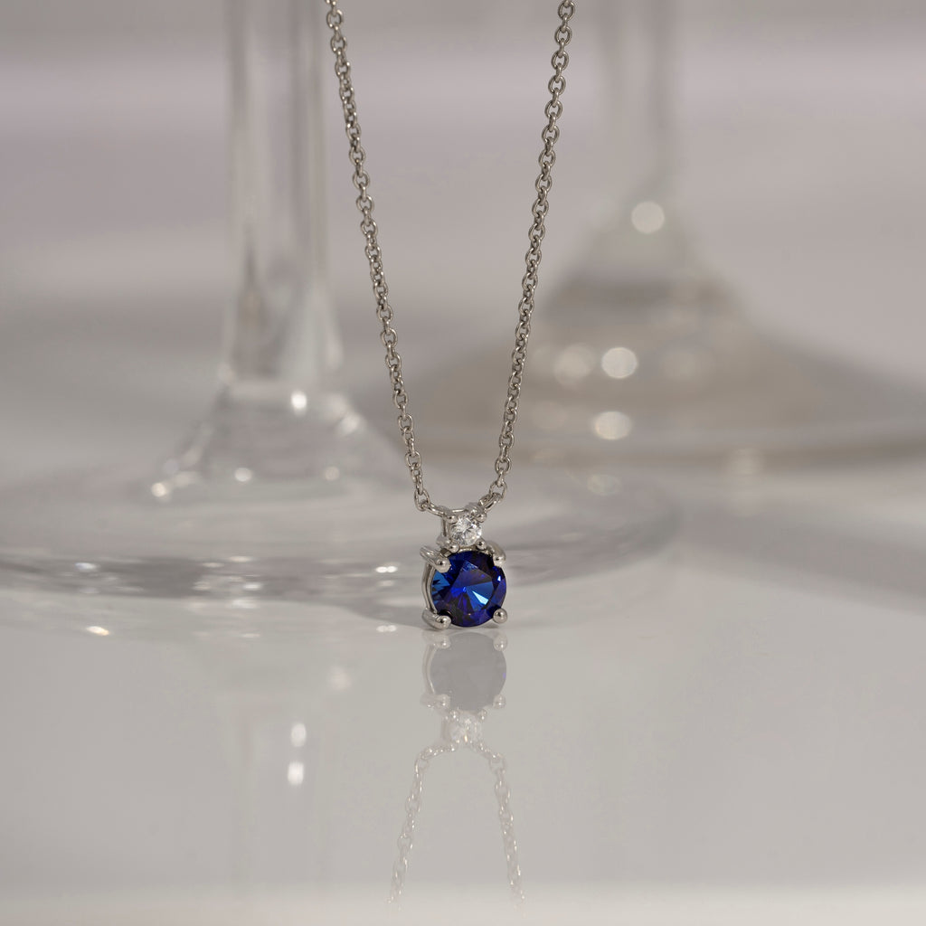 Sapphire Round With Lab Grown Diamond Accent Two Stones Pendant Necklace