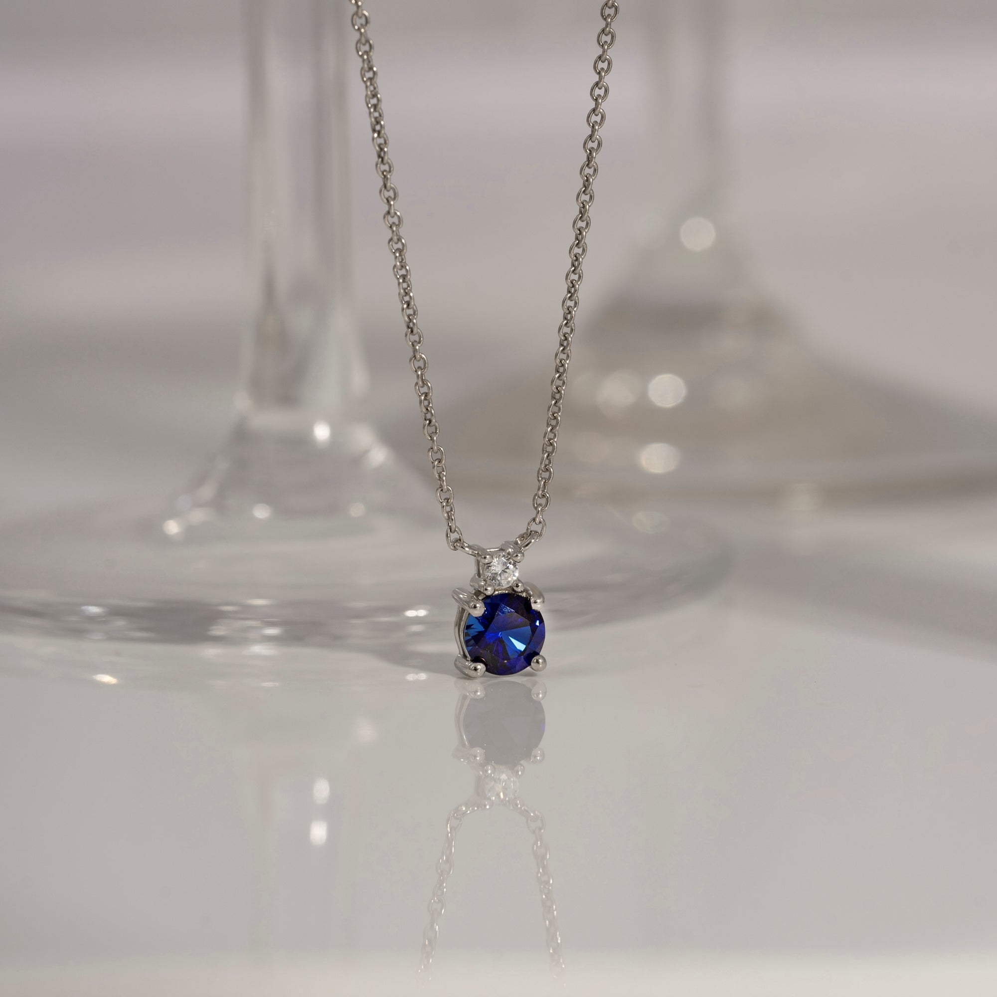 Sapphire Round With Lab Grown Diamond Accent Two Stones Pendant Necklace