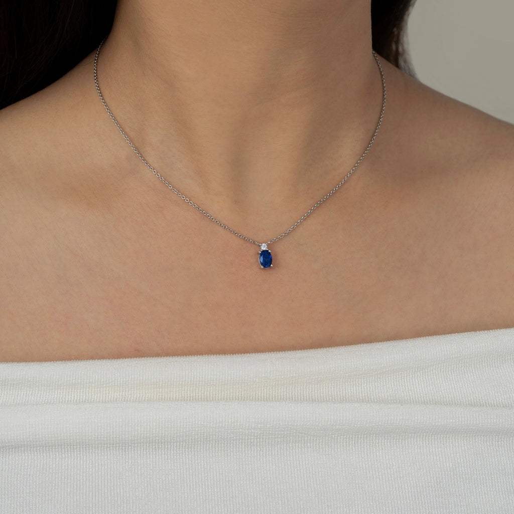 Sapphire Oval With Lab Grown Diamond Accent Two Stones Pendant Necklace