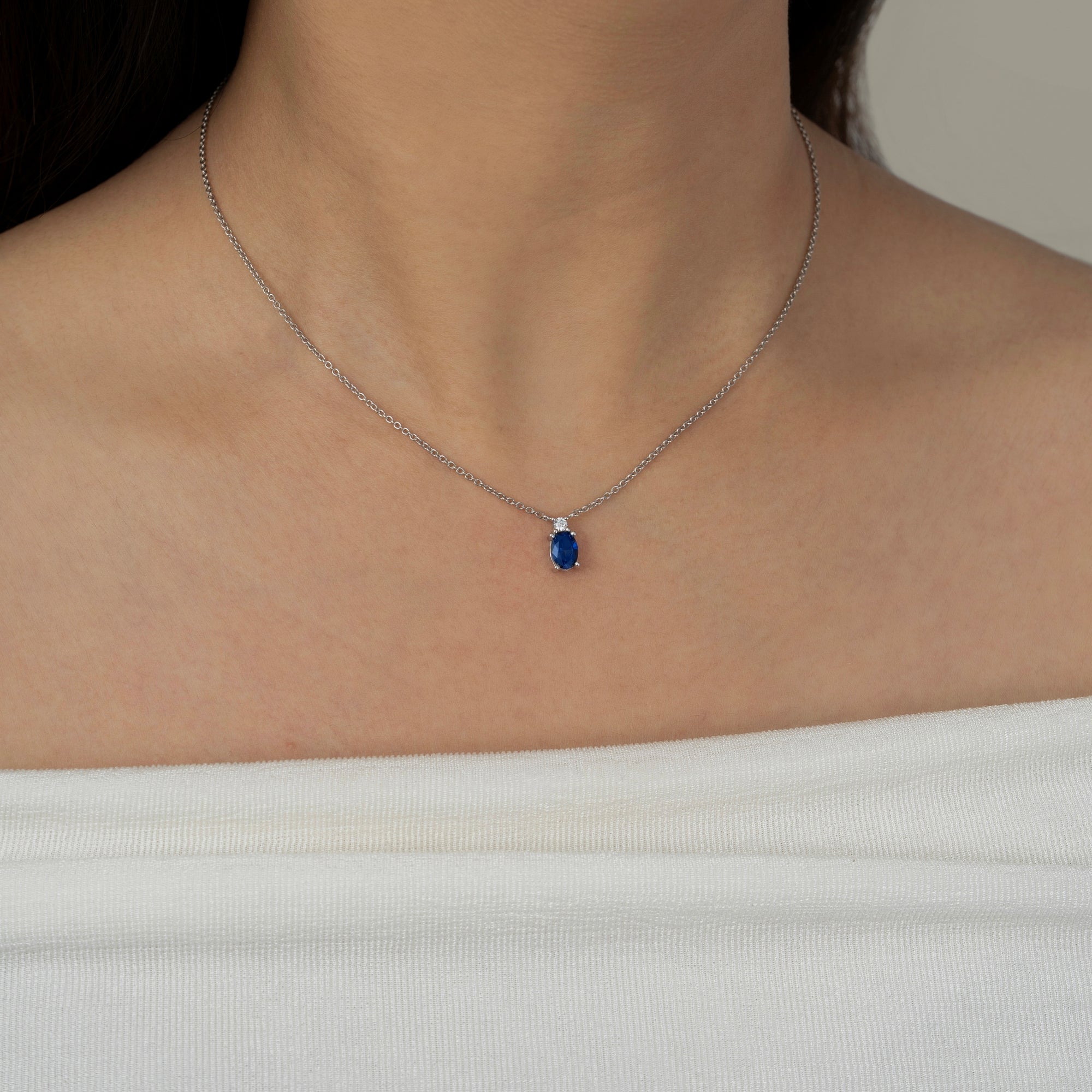 Sapphire Oval With Lab Grown Diamond Accent Two Stones Pendant Necklace