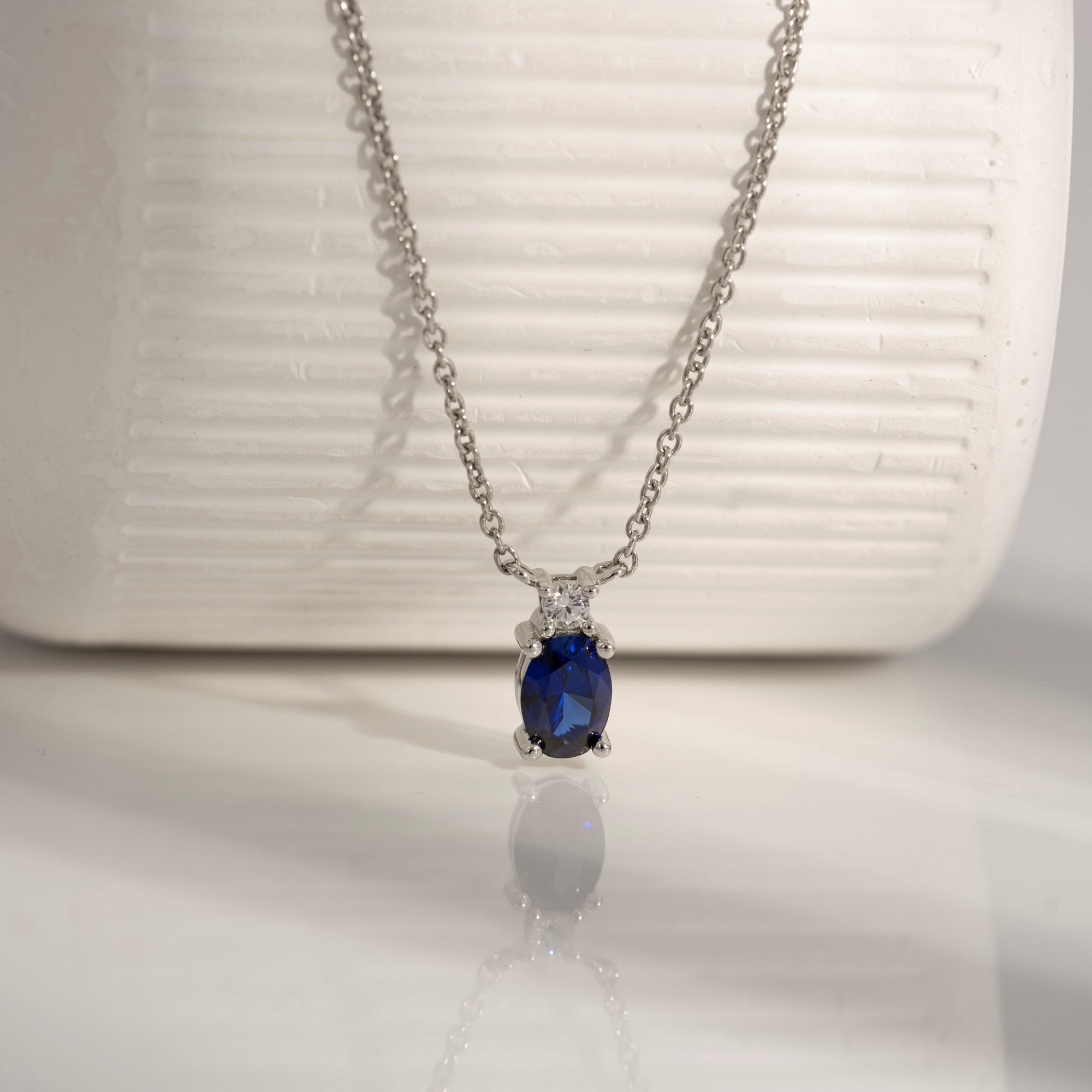 Sapphire Oval With Lab Grown Diamond Accent Two Stones Pendant Necklace