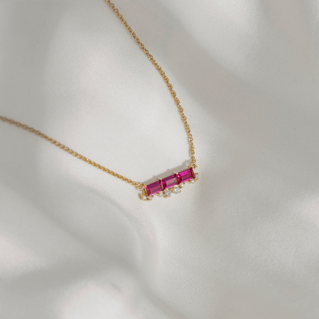 Ruby Baguette With Floating Lab Grown Diamond Accent Bar Pendant Necklace