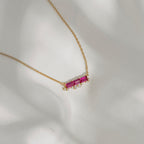 Ruby Baguette With Floating Lab Grown Diamond Accent Bar Pendant Necklace