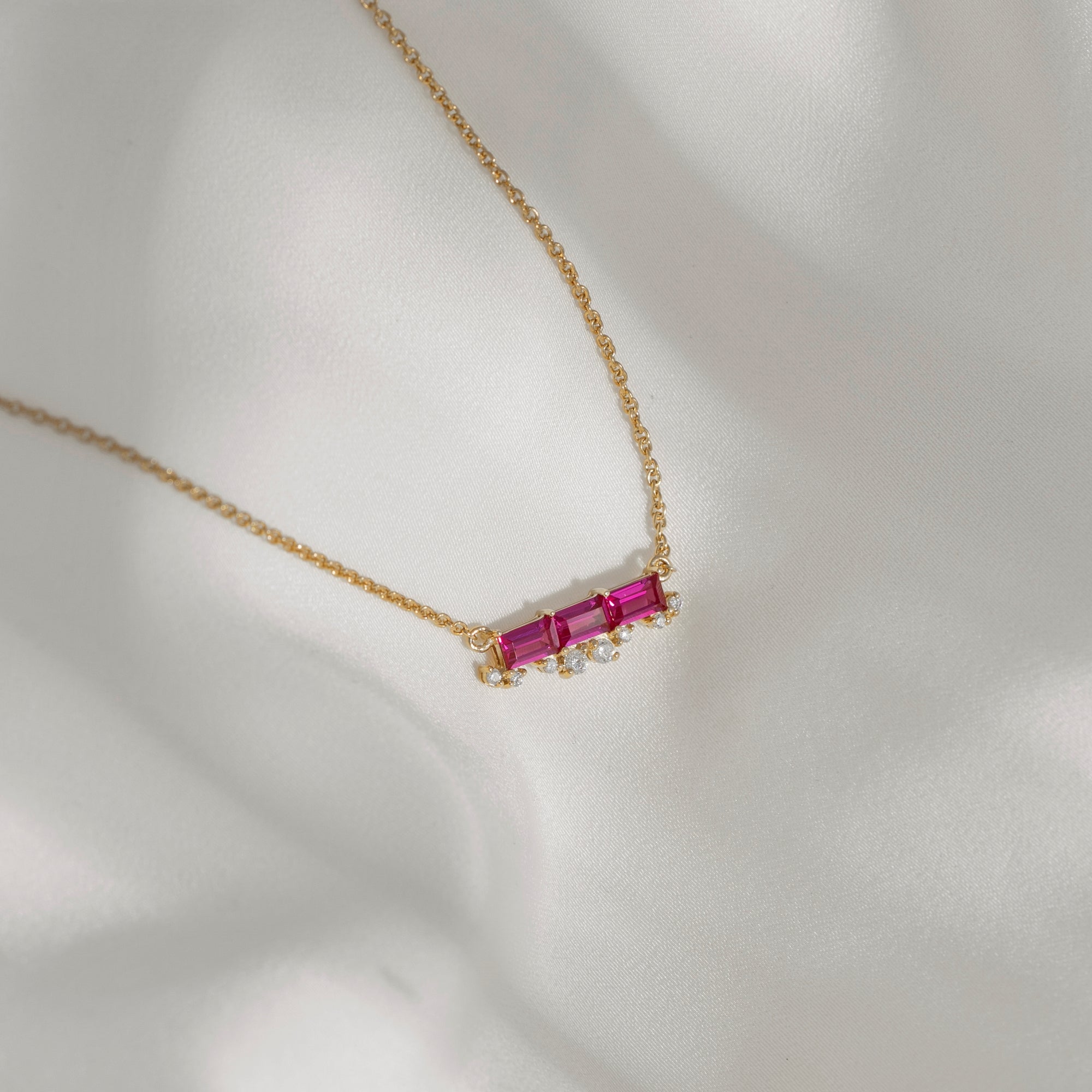 Ruby Baguette With Floating Lab Grown Diamond Accent Bar Pendant Necklace
