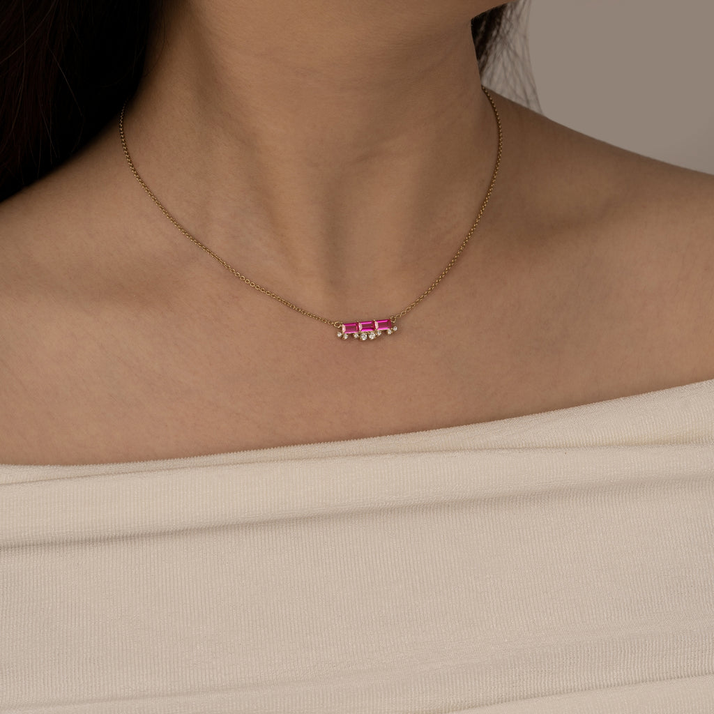 Ruby Baguette With Floating Lab Grown Diamond Accent Bar Pendant Necklace