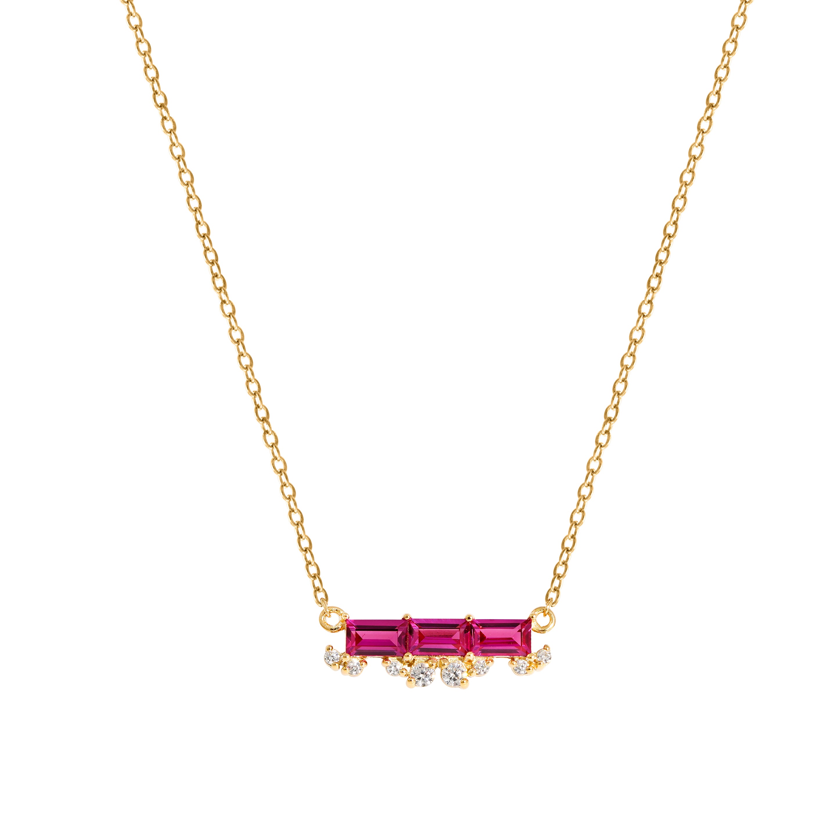 Ruby Baguette With Floating Lab Grown Diamond Accent Bar Pendant Necklace