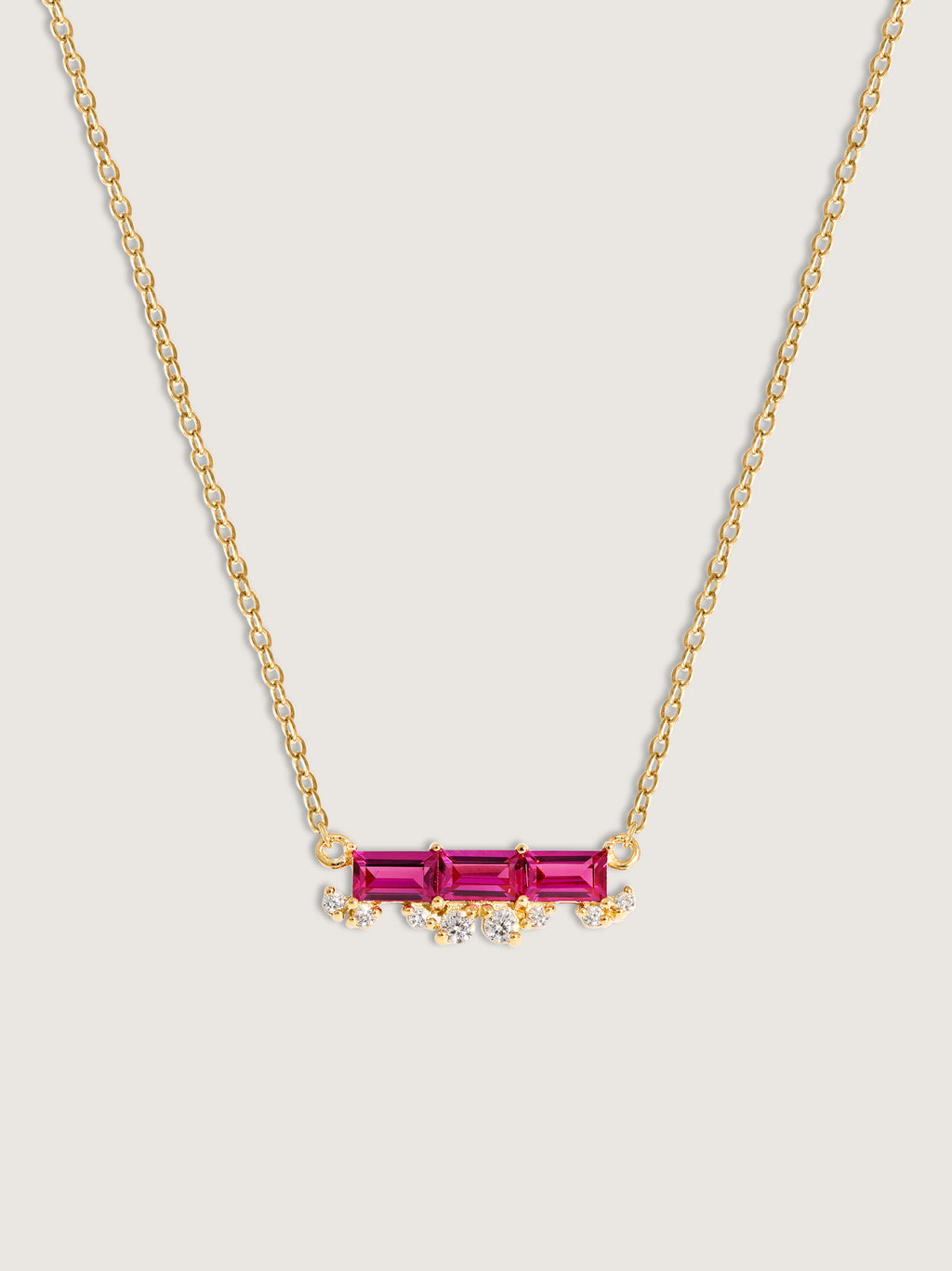 Baguette Cut Created Ruby With Floating Lab Grown Diamond Bar Pendant Necklace