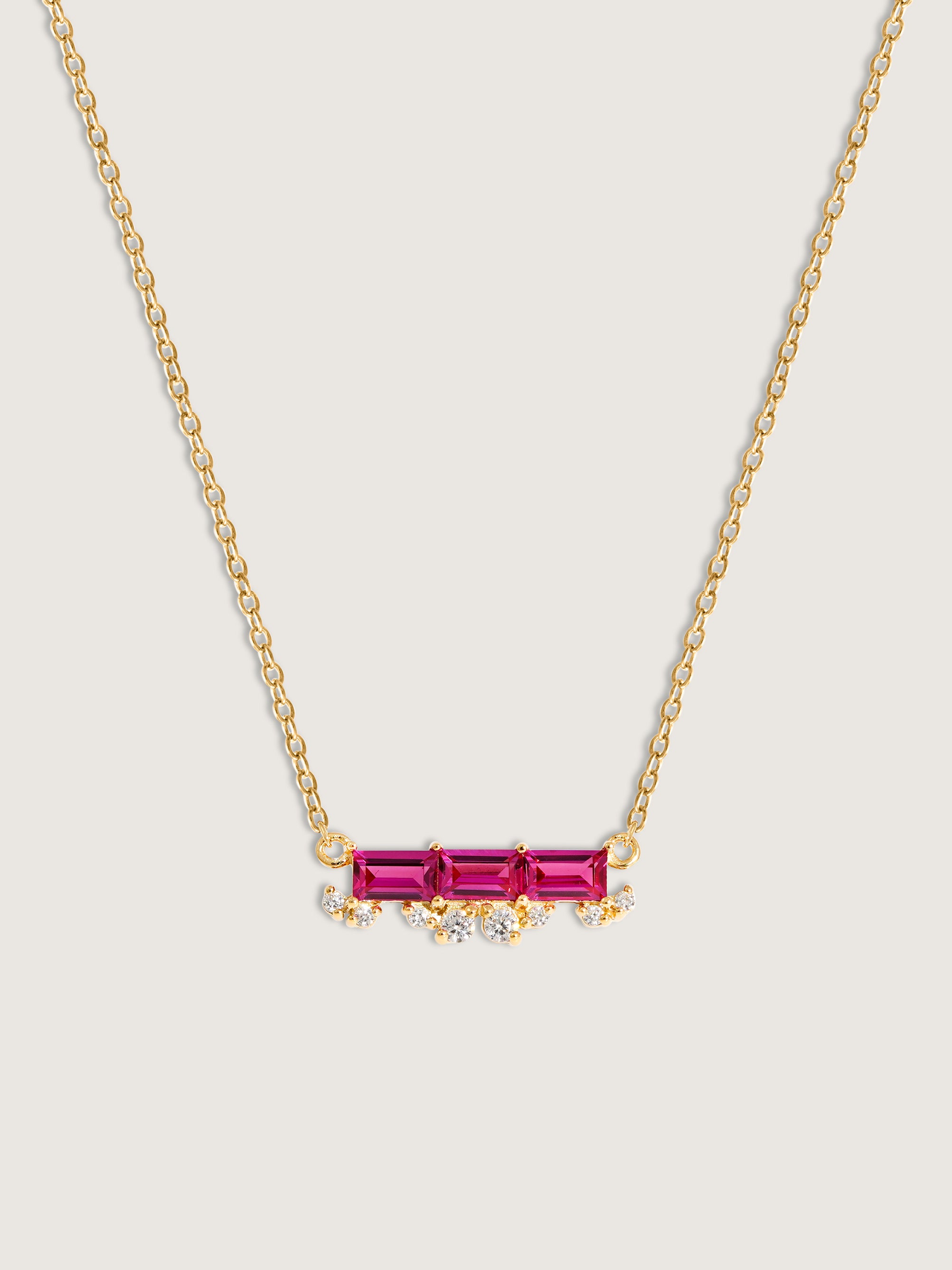 Baguette Cut Created Ruby With Floating Lab Grown Diamond Bar Pendant Necklace