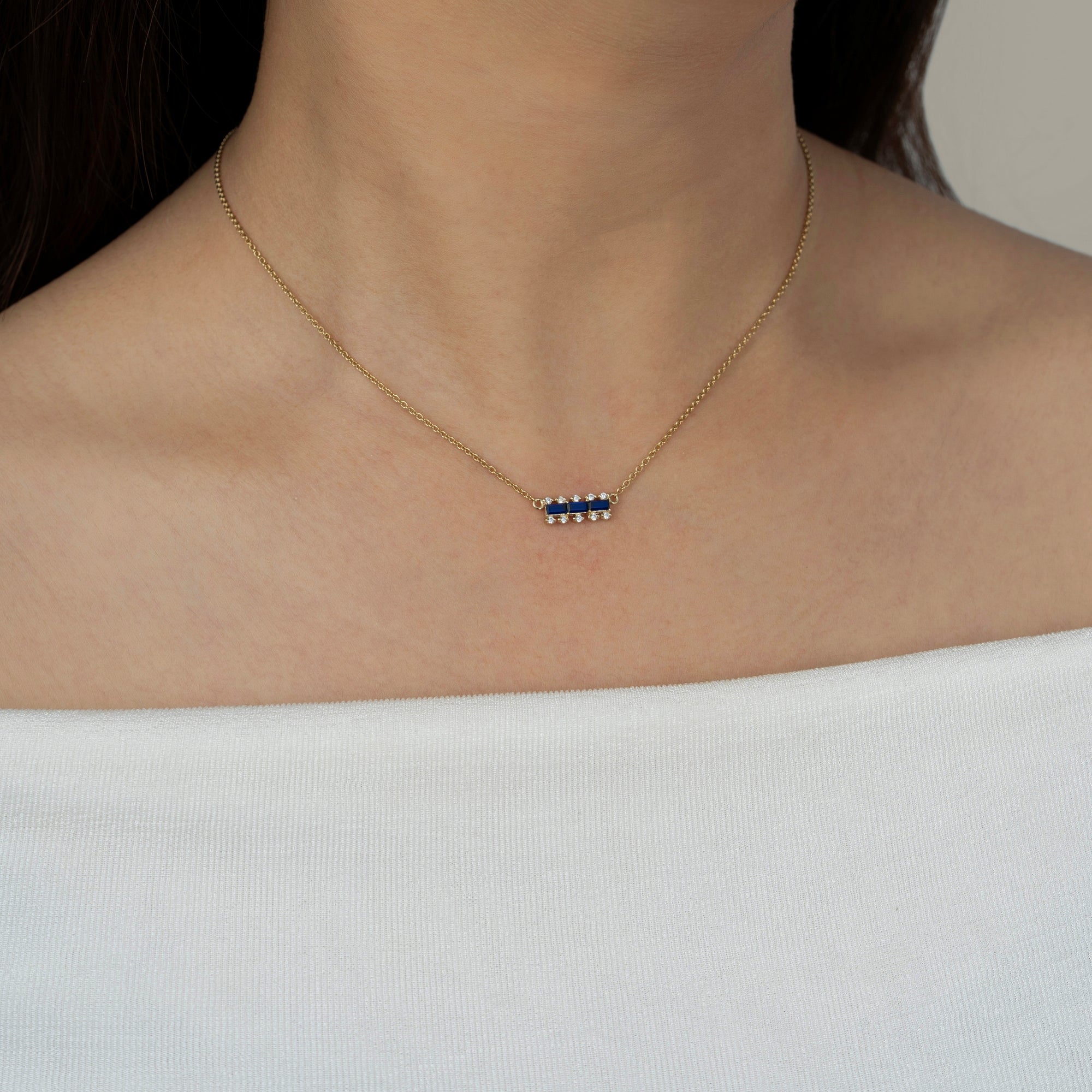 Sapphire Baguette With Lab Grown Diamond Accent Bar Pendant Necklace
