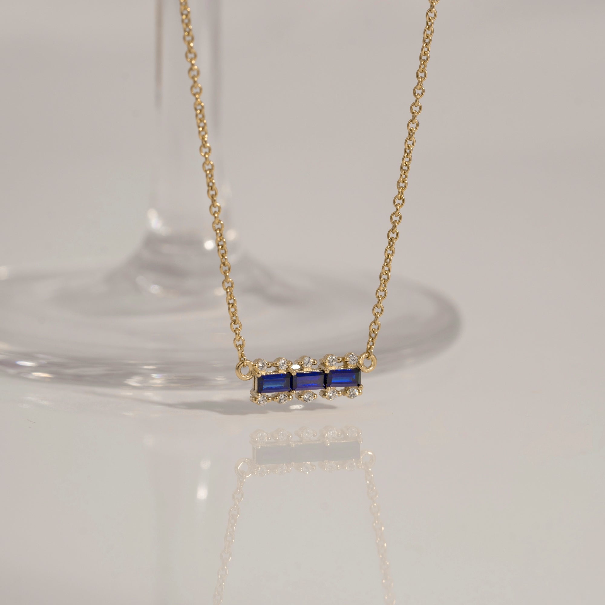 Sapphire Baguette With Lab Grown Diamond Accent Bar Pendant Necklace