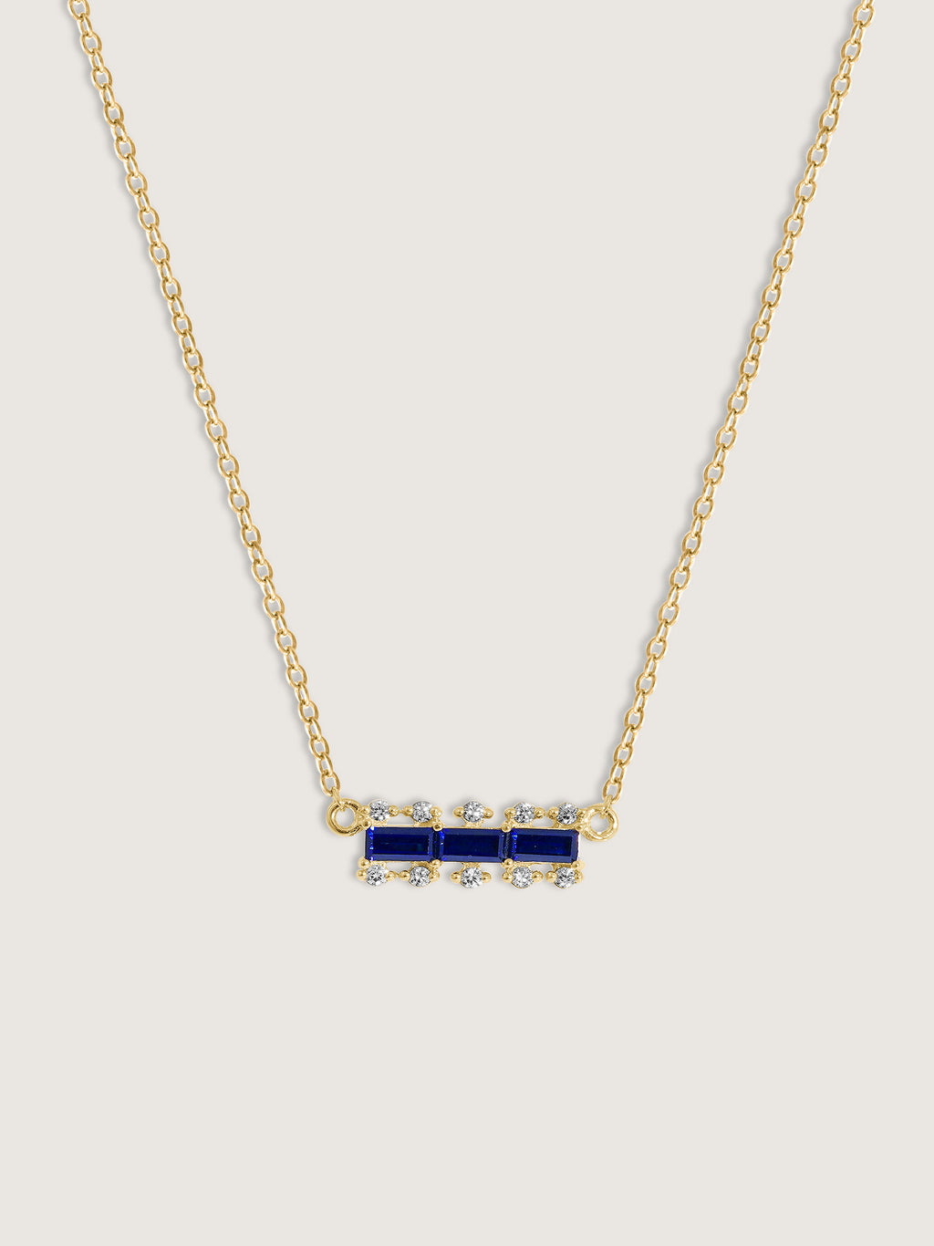 Baguette Cut Created Sapphire With Lab Grown Diamond Accent Bar Pendant Necklace