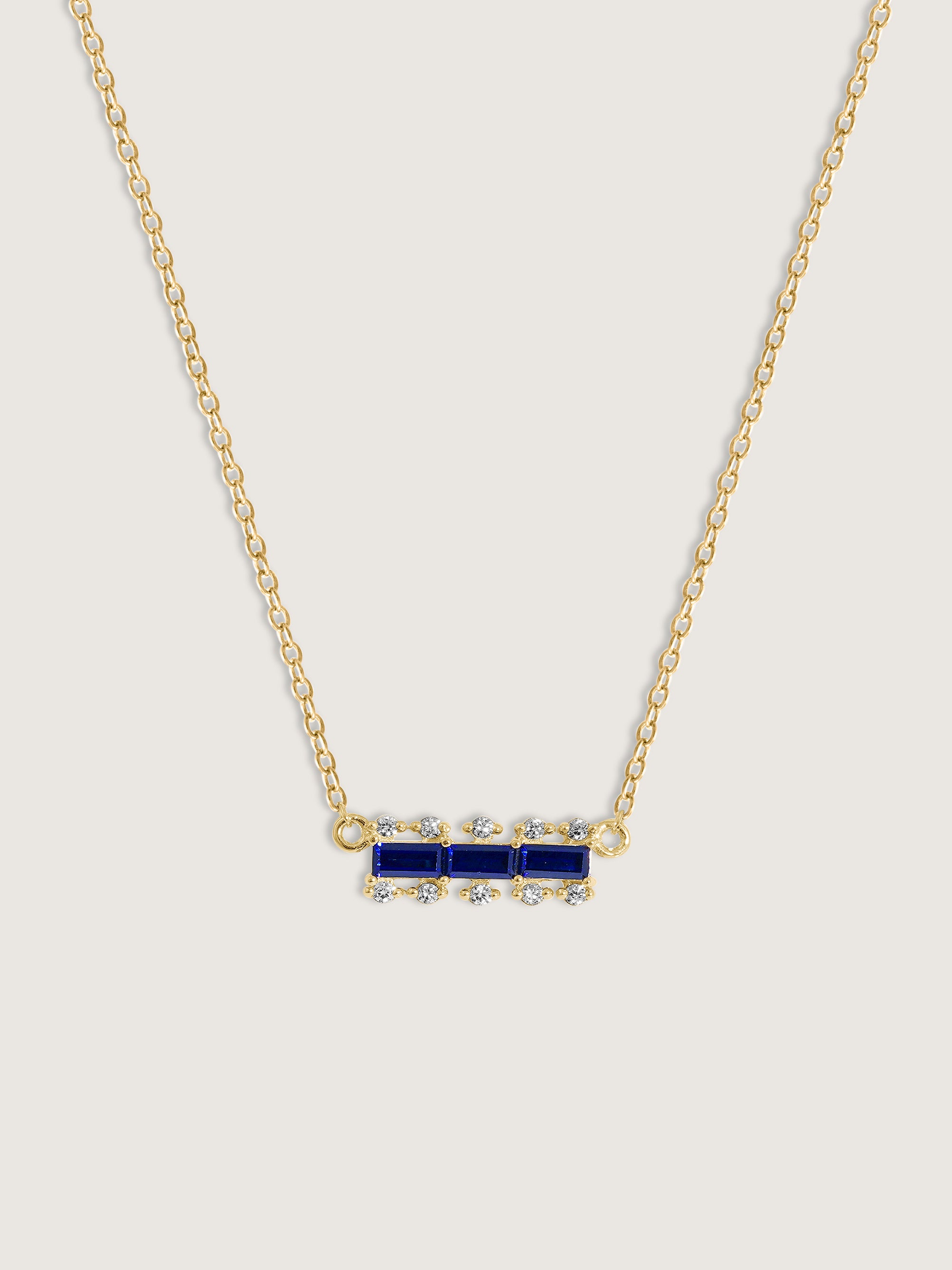 Baguette Cut Created Sapphire With Lab Grown Diamond Accent Bar Pendant Necklace