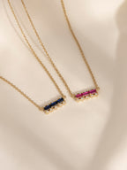 Baguette Cut Created Sapphire With Lab Grown Diamond Accent Bar Pendant Necklace