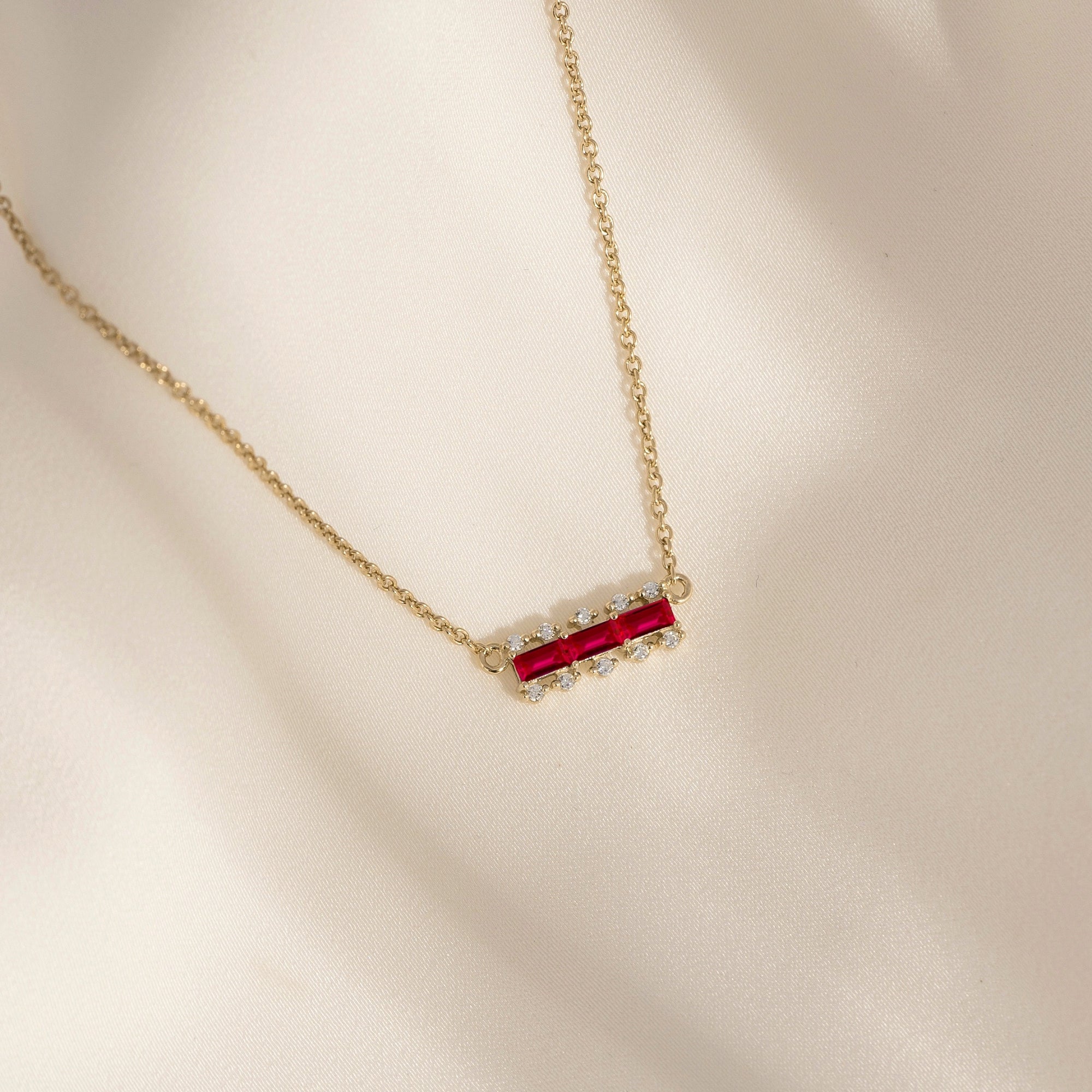 Ruby Baguette With Lab Grown Diamond Accent Bar Pendant Necklace