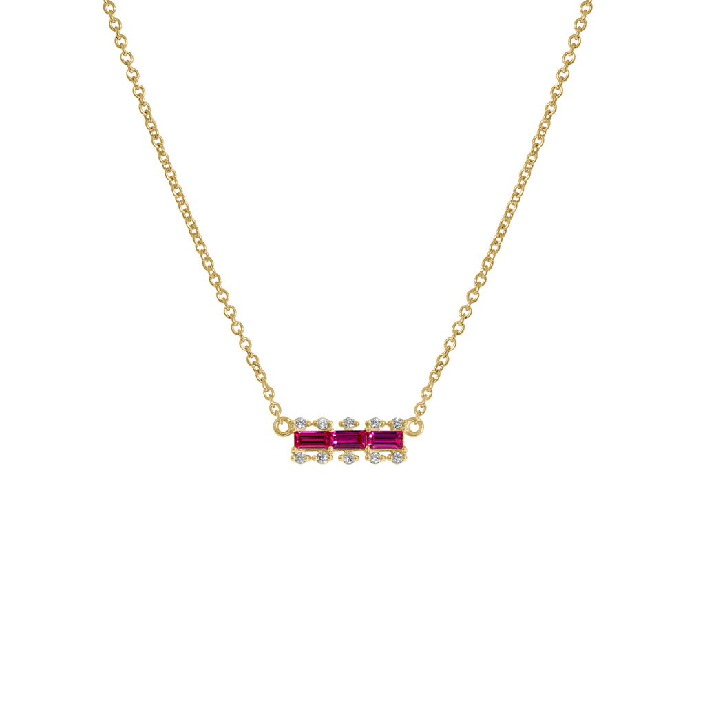Ruby Baguette With Lab Grown Diamond Accent Bar Pendant Necklace