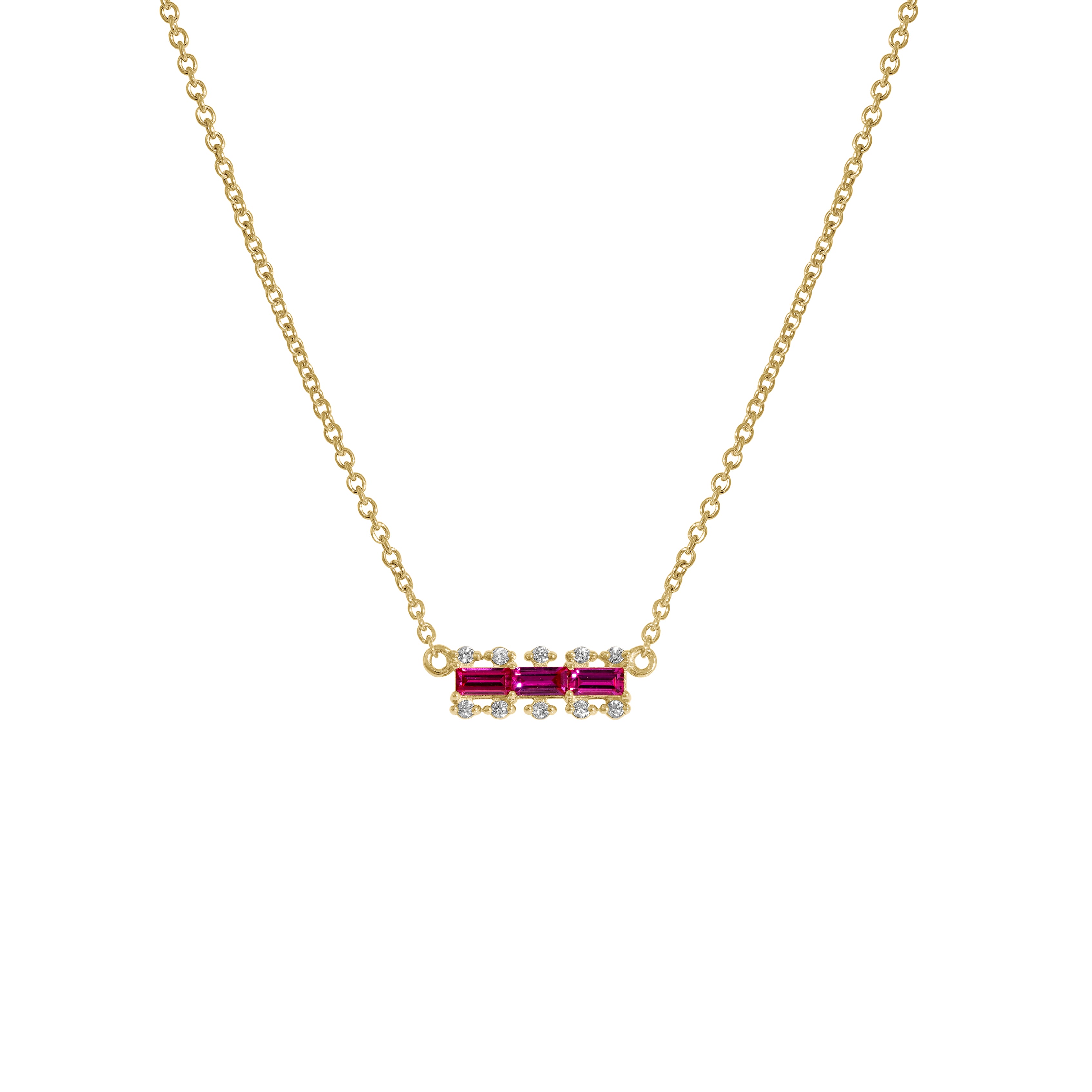 Ruby Baguette With Lab Grown Diamond Accent Bar Pendant Necklace