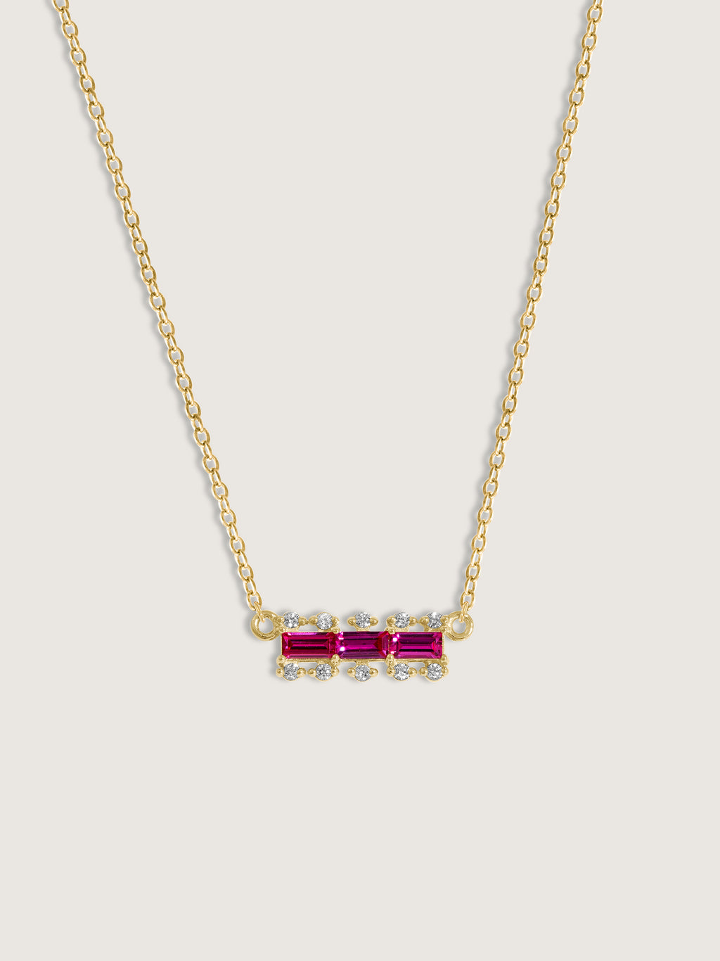 Baguette Cut Created Ruby With Lab Grown Diamond Accent Bar Pendant Necklace
