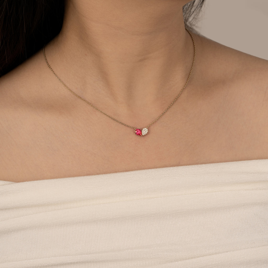 Ruby Pear With Lab Grown Diamond Accent Heart Saphed Pendant Necklace