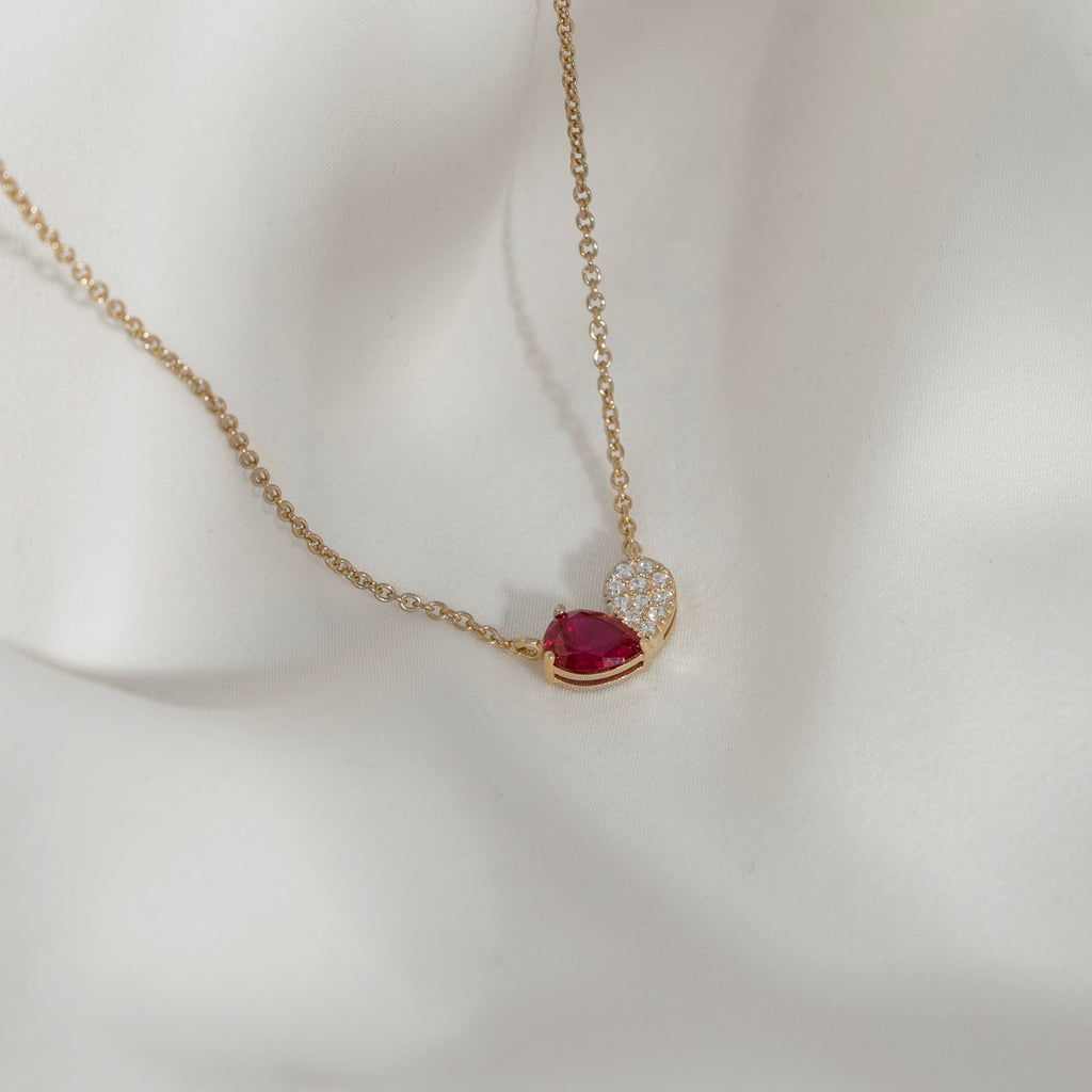 Ruby Pear With Lab Grown Diamond Accent Heart Saphed Pendant Necklace