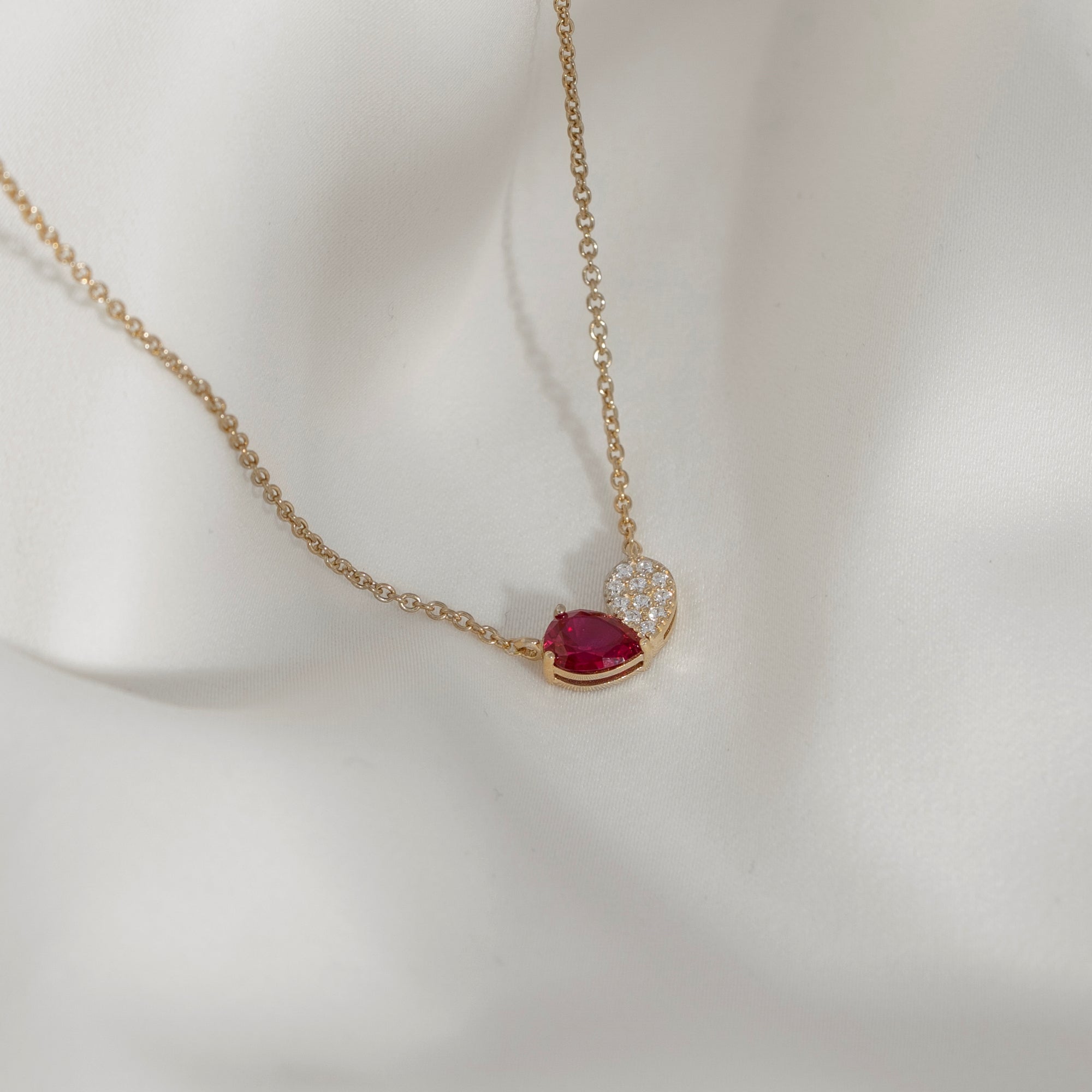 Ruby Pear With Lab Grown Diamond Accent Heart Saphed Pendant Necklace