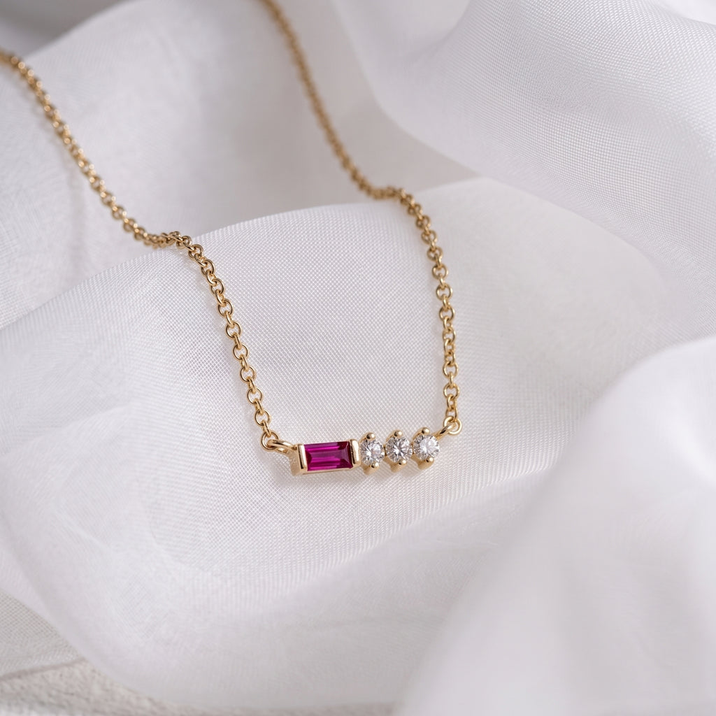 Baguette Cut Created Ruby With Round Lab Grown Diamond Accent Bar Pendant Necklace