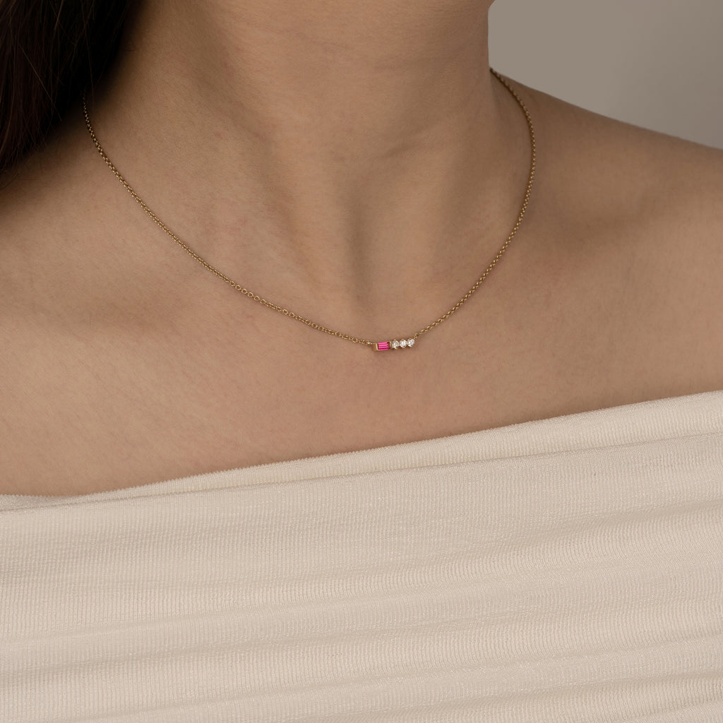 Ruby Baguette With Round Lab Grown Diamond Bar Pendant Necklace