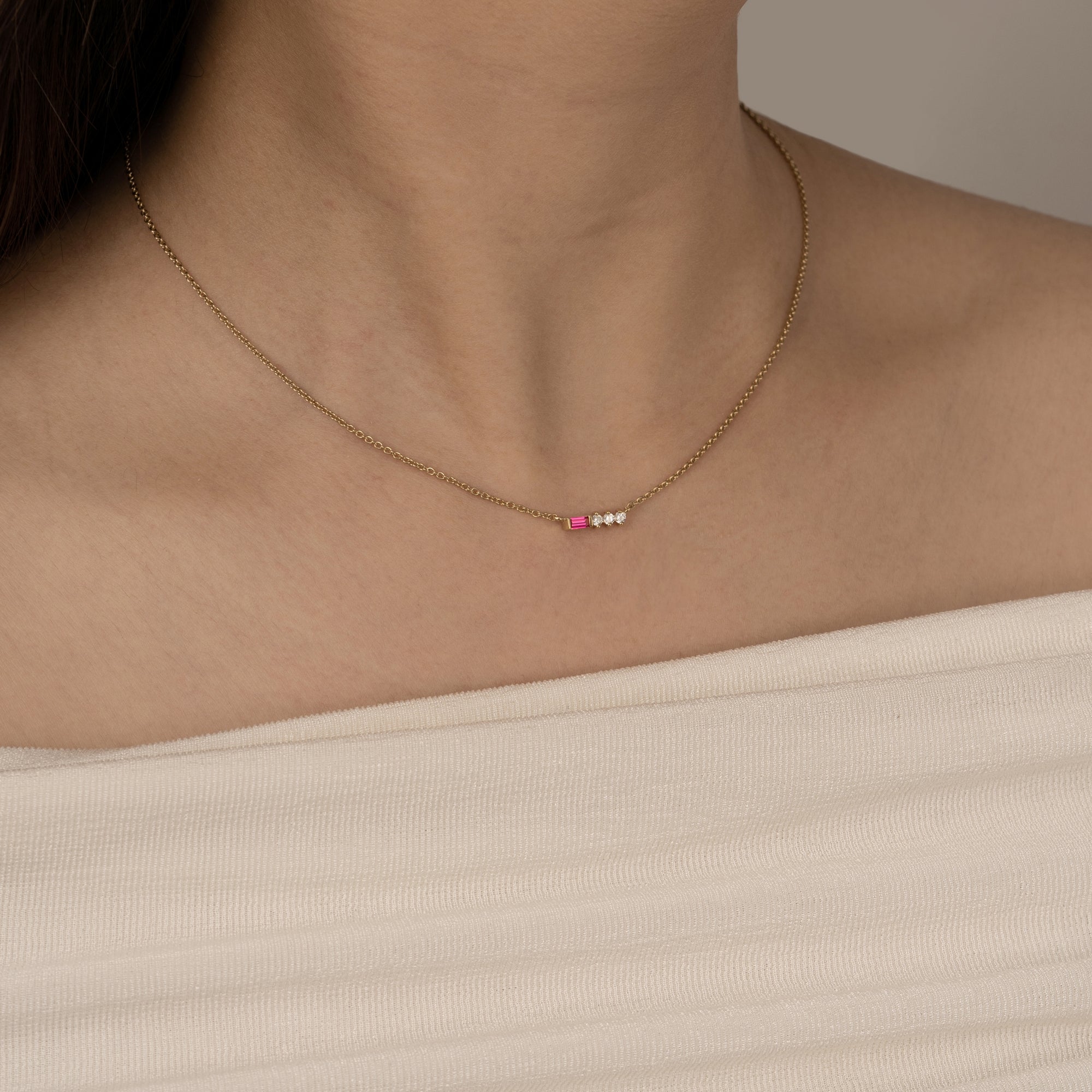 Ruby Baguette With Round Lab Grown Diamond Bar Pendant Necklace