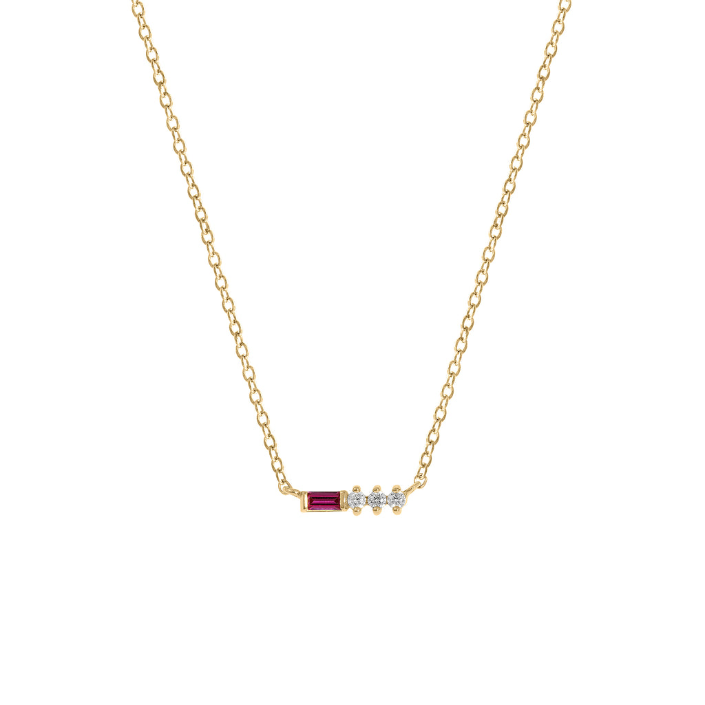 Ruby Baguette With Round Lab Grown Diamond Bar Pendant Necklace