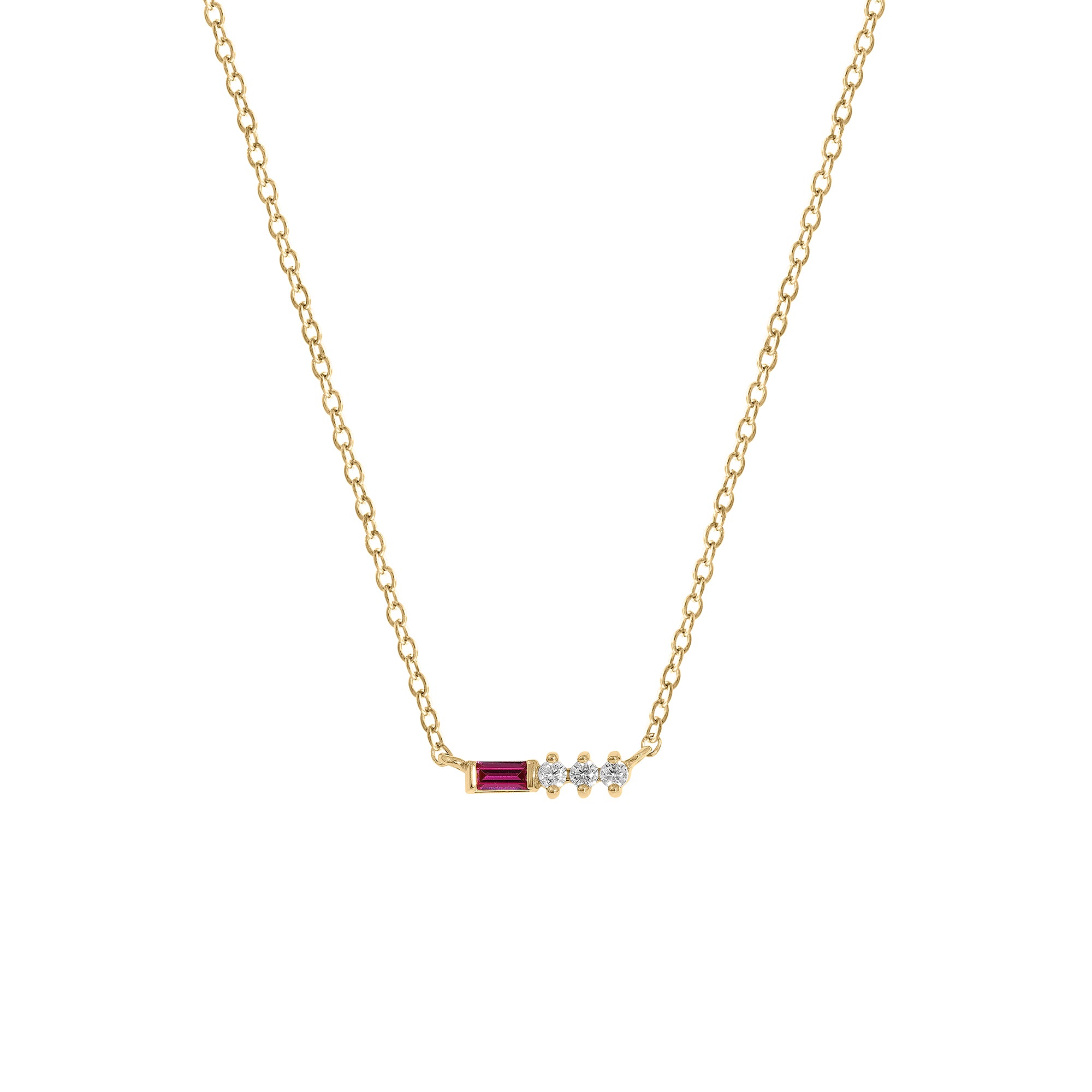 Ruby Baguette With Round Lab Grown Diamond Bar Pendant Necklace