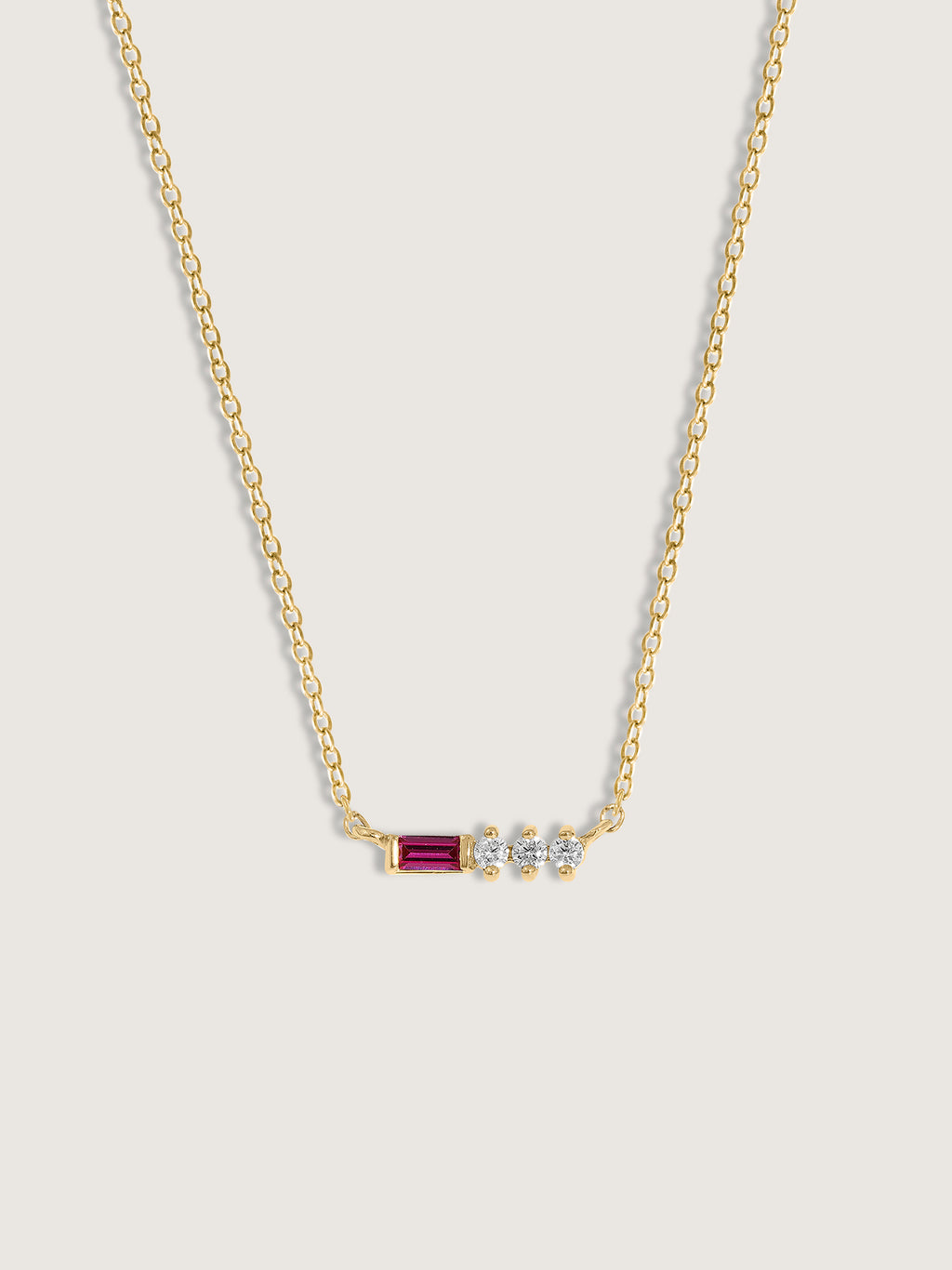 Baguette Cut Created Ruby With Round Lab Grown Diamond Accent Bar Pendant Necklace