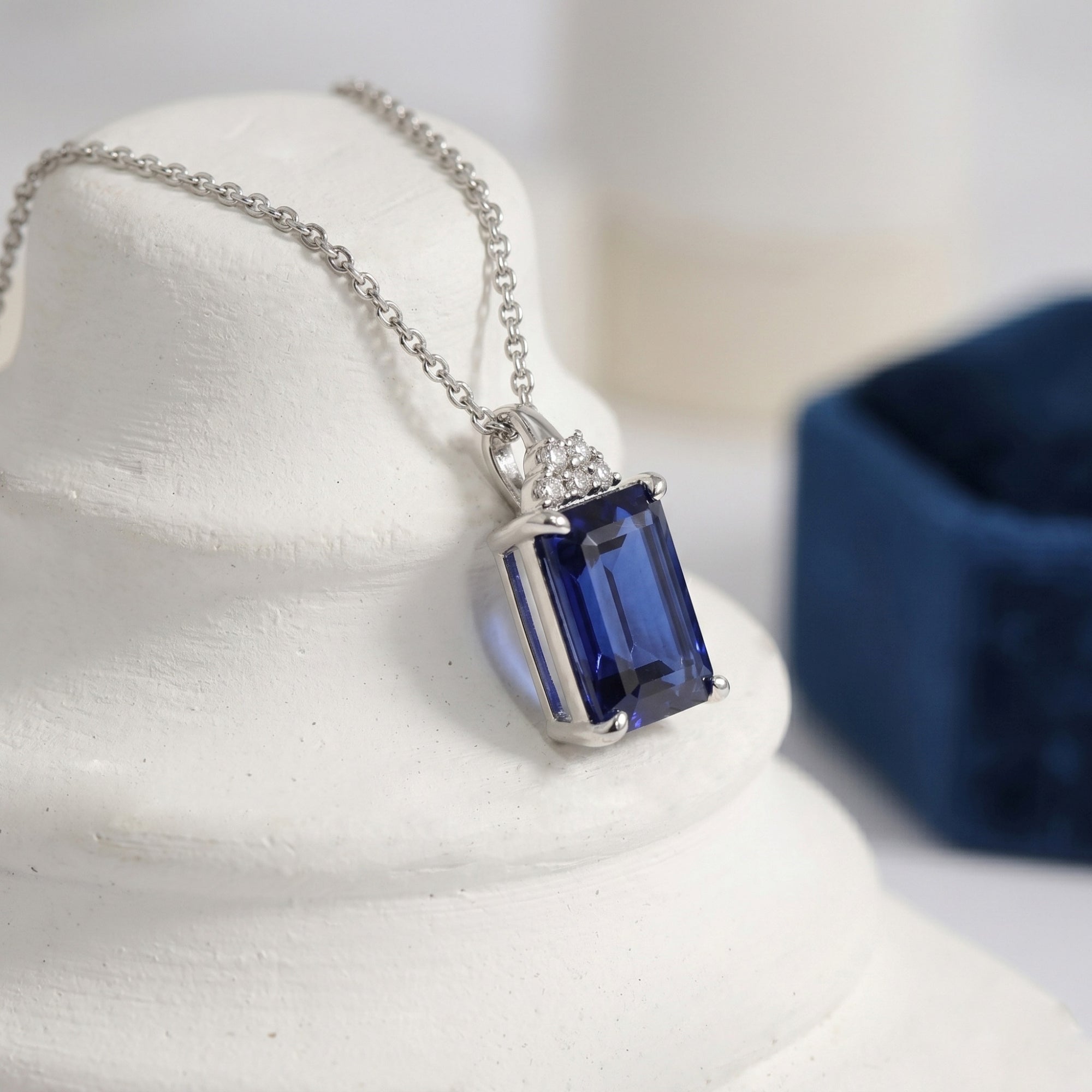 Emerald Cut Sapphire With Lab Grown Diamond Octagon Pendant Necklace