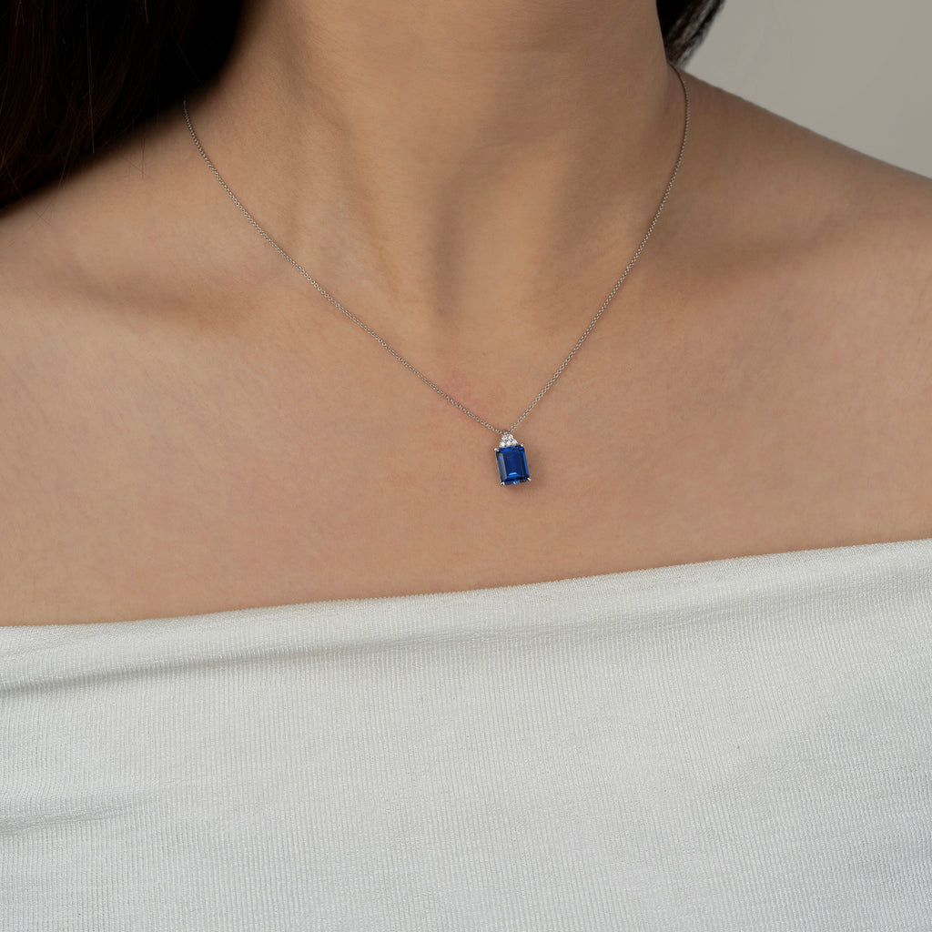 Emerald Cut Sapphire With Lab Grown Diamond Octagon Pendant Necklace